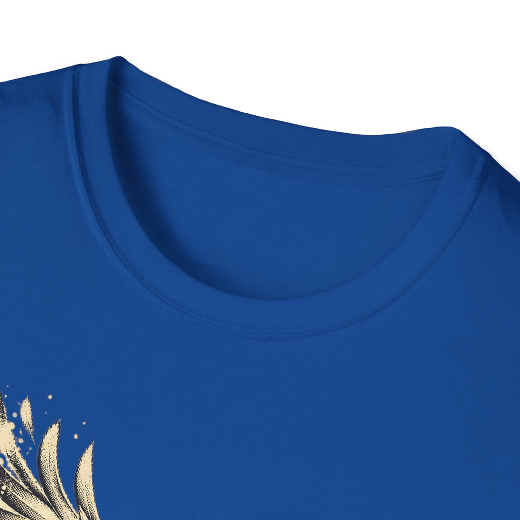 Royal blue crewneck t-shirt close-up of neckline