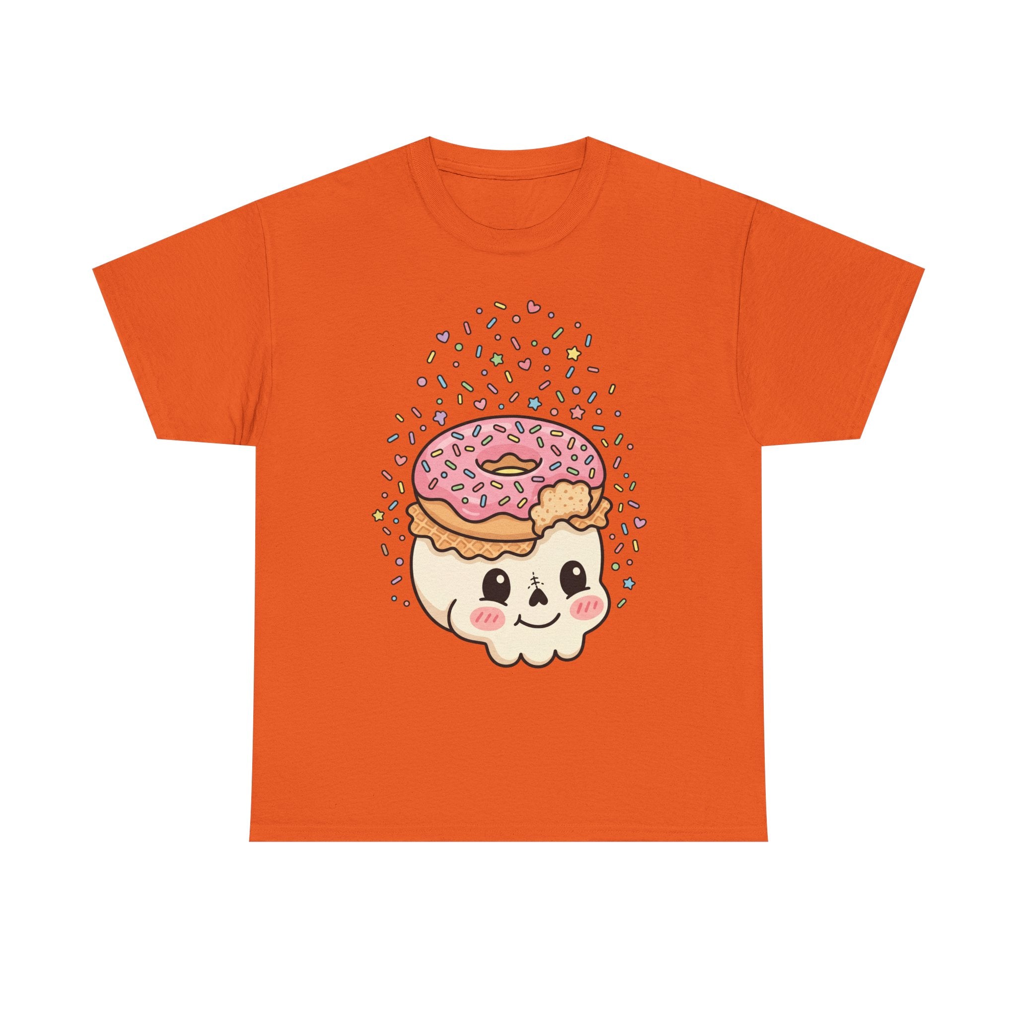 Orange T-shirt with donut skull face graphic and colorful sprinkles