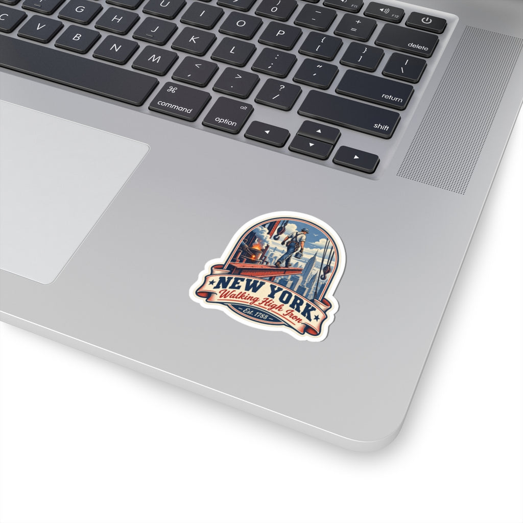 New York Walking high iron-on sticker decal on white laptop lid