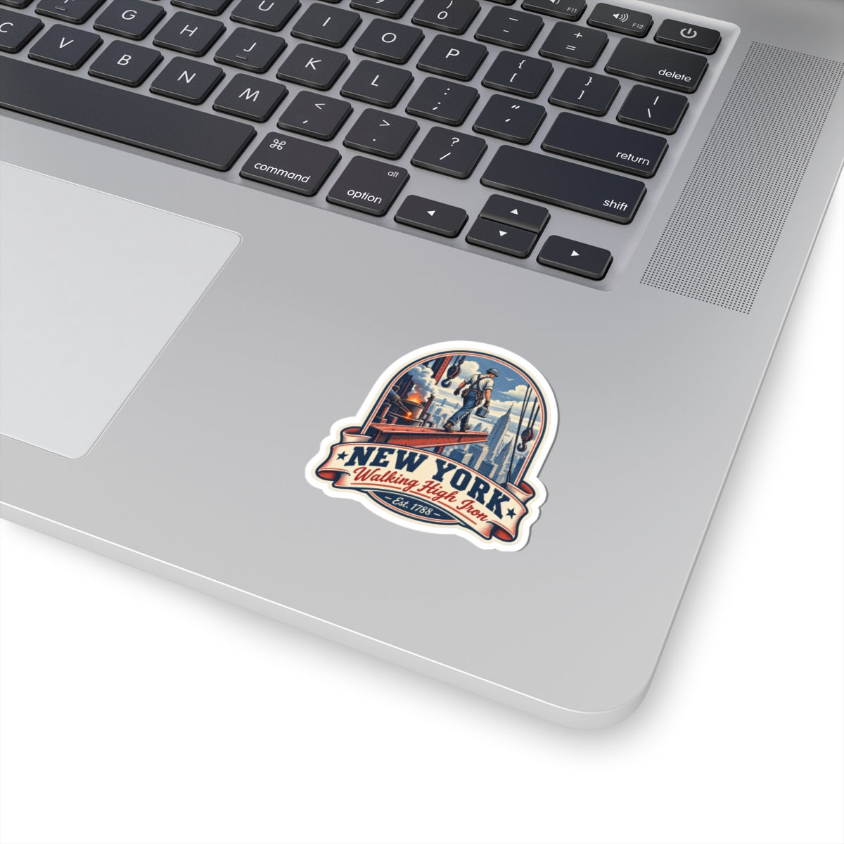 New York Walking high iron-on sticker decal on white laptop lid