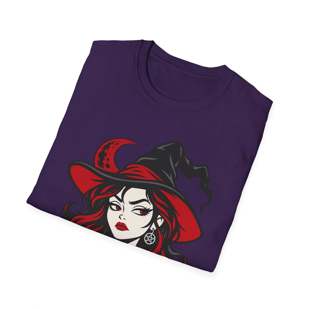Purple t-shirt with red-and-black witch face graphic on the chest