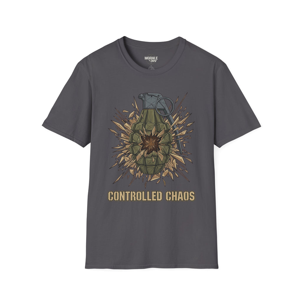 Dark heather T-shirt with controlled chaos grenade explosion graphic