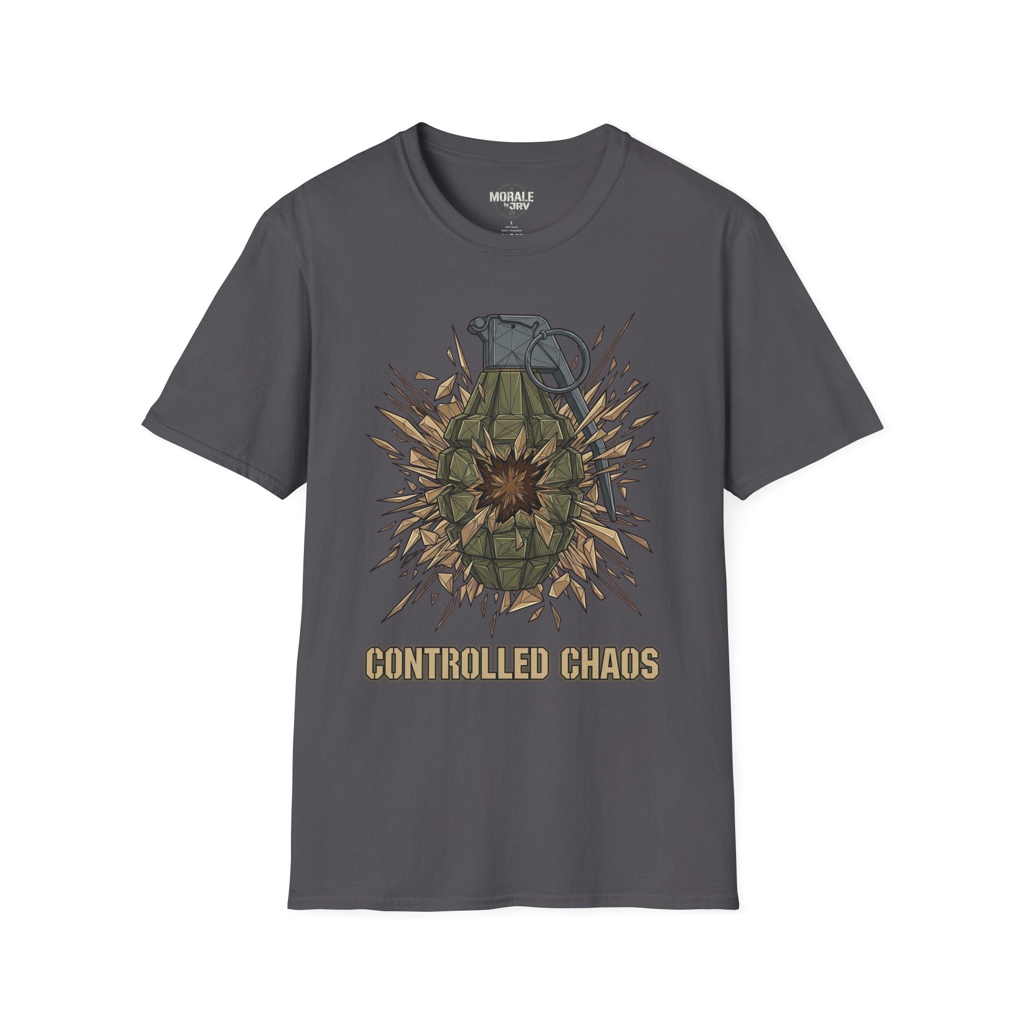 Dark heather T-shirt with controlled chaos grenade explosion graphic