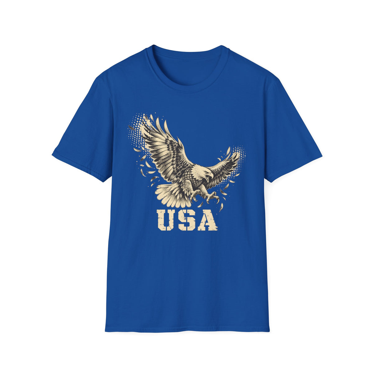 Royal blue crew-neck T-shirt with soaring bald eagle and “USA” graphic print