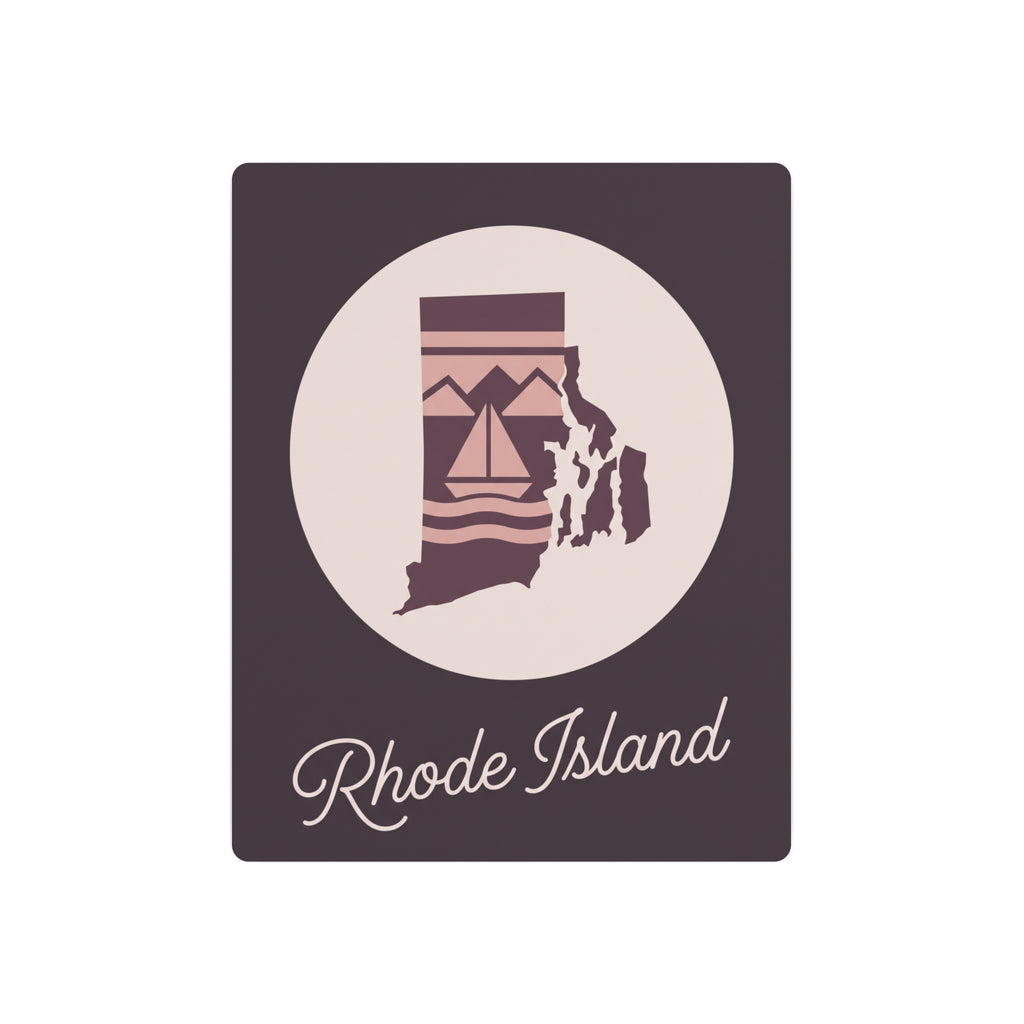 Rhode Island silhouette metal wall art sign with mauve background, beige circle, “Rhode Island”