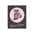 Rhode Island silhouette metal wall art sign with mauve background, beige circle, “Rhode Island”