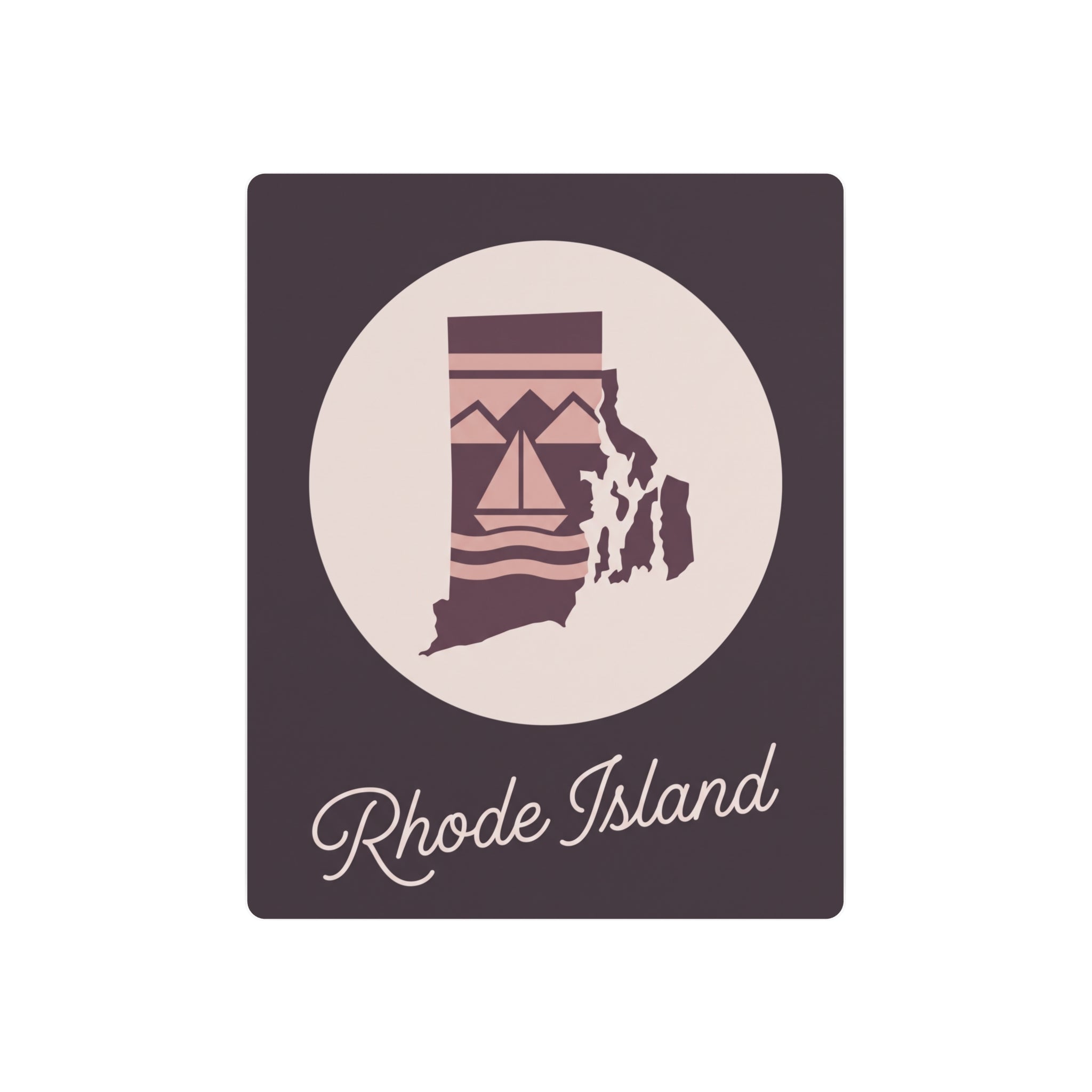 Rhode Island silhouette metal wall art sign with mauve background, beige circle, “Rhode Island”