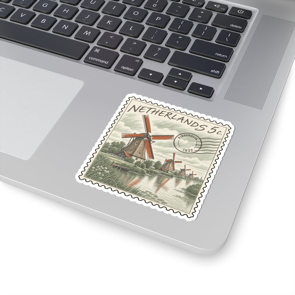 Netherlands 5c stamp sticker with red windmill, riverside landscape, and scalloped outline