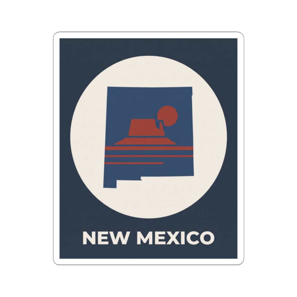 New Mexico sunset kiss-cut sticker, dark blue square featuring a sunset graphic and “NEW MEXICO”.