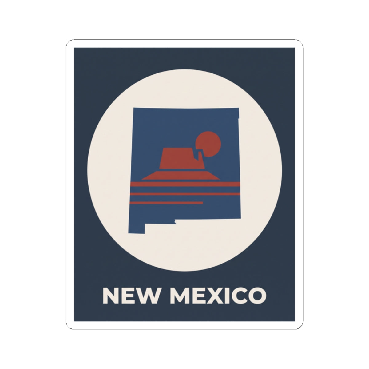New Mexico sunset kiss-cut sticker, dark blue square featuring a sunset graphic and “NEW MEXICO”.