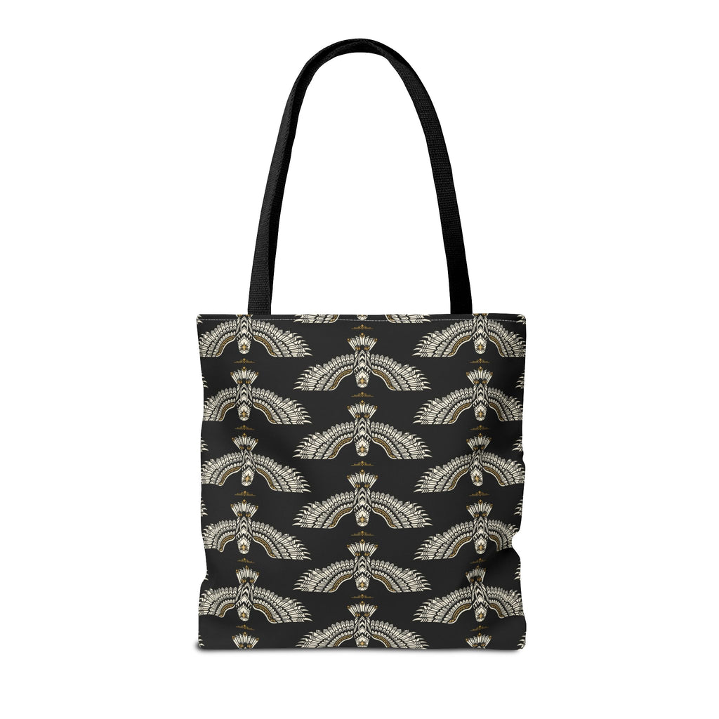 Black tote bag with repeating gold winged scarab pattern and black top handles