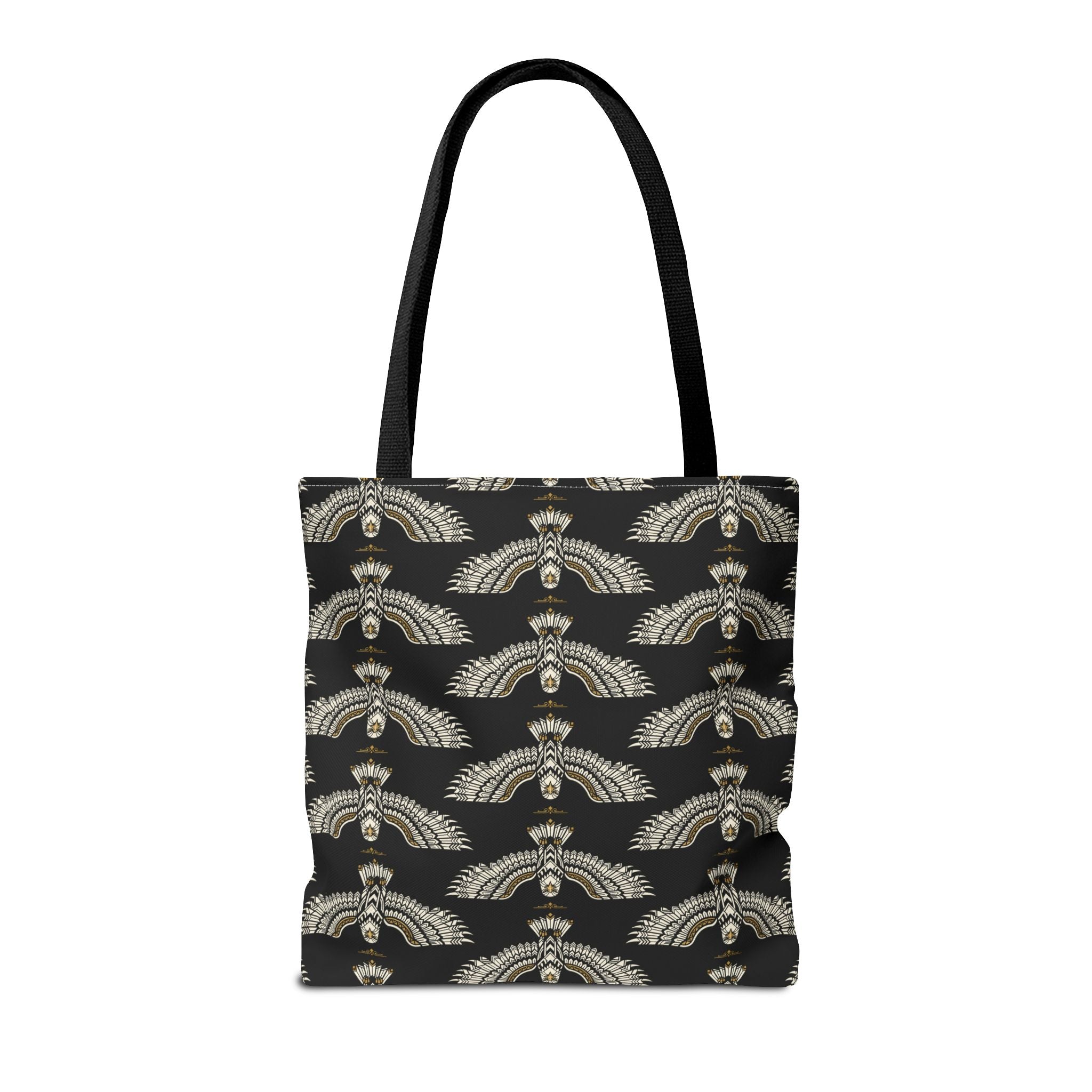 Black tote bag with repeating gold winged scarab pattern and black top handles