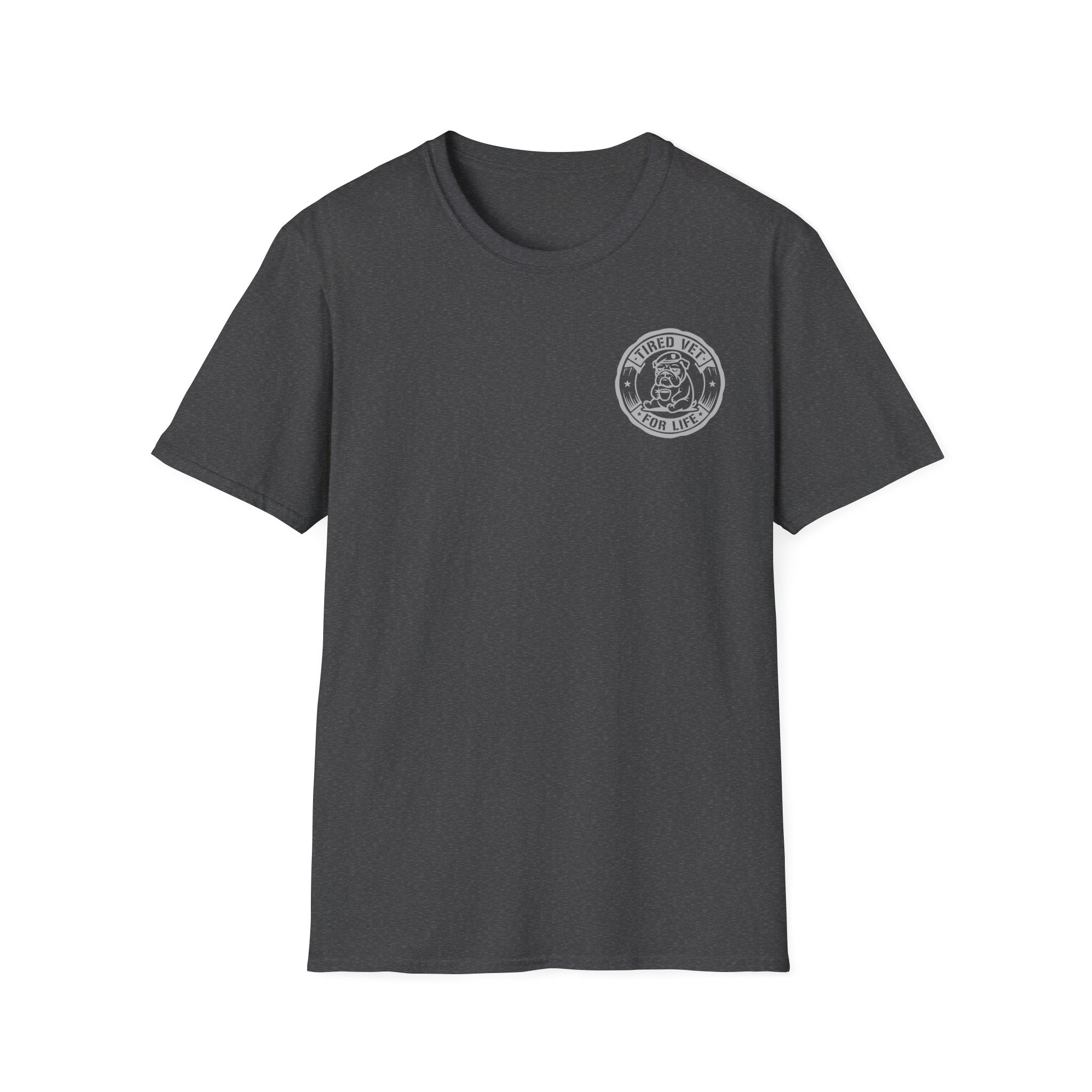 Dark gray crew-neck T-shirt with circular chest badge