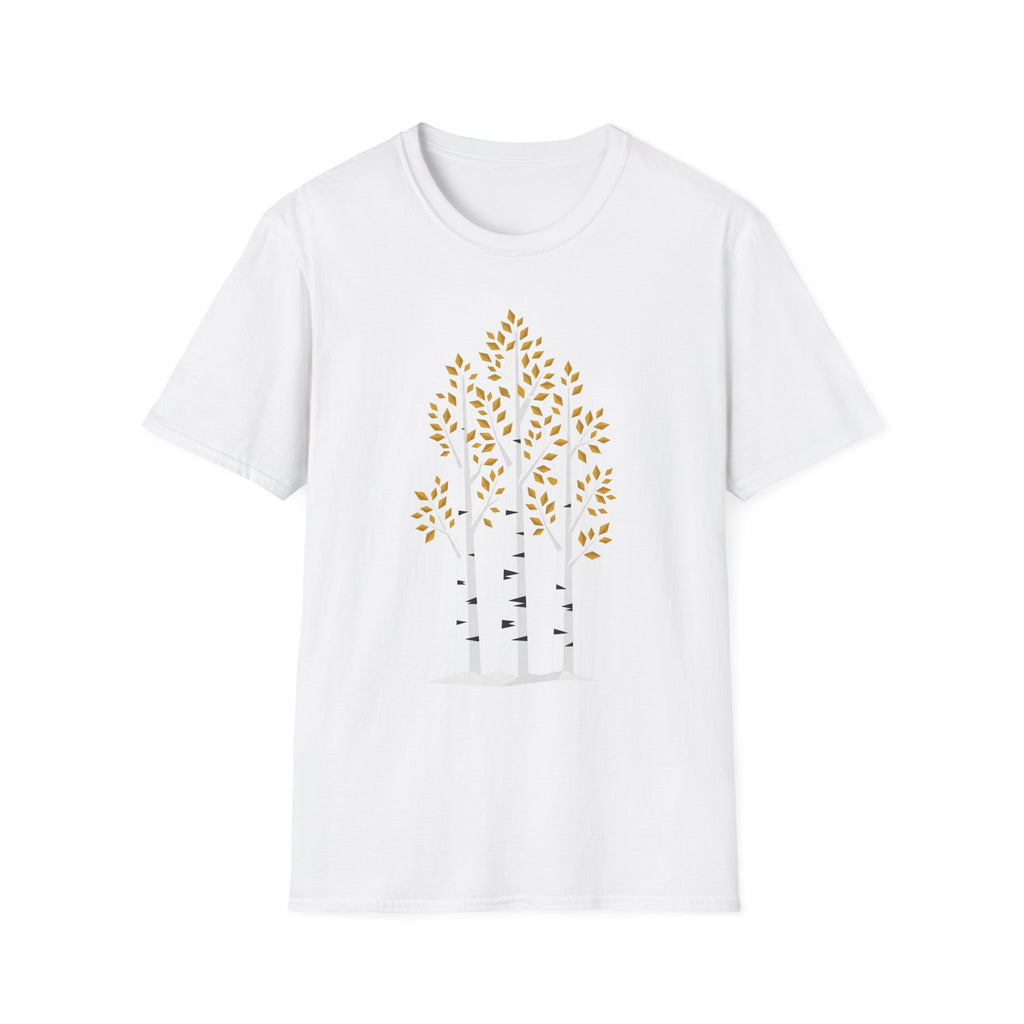 White T-shirt with minimalist birch tree graphic and autumn leaf canopy, crew neck