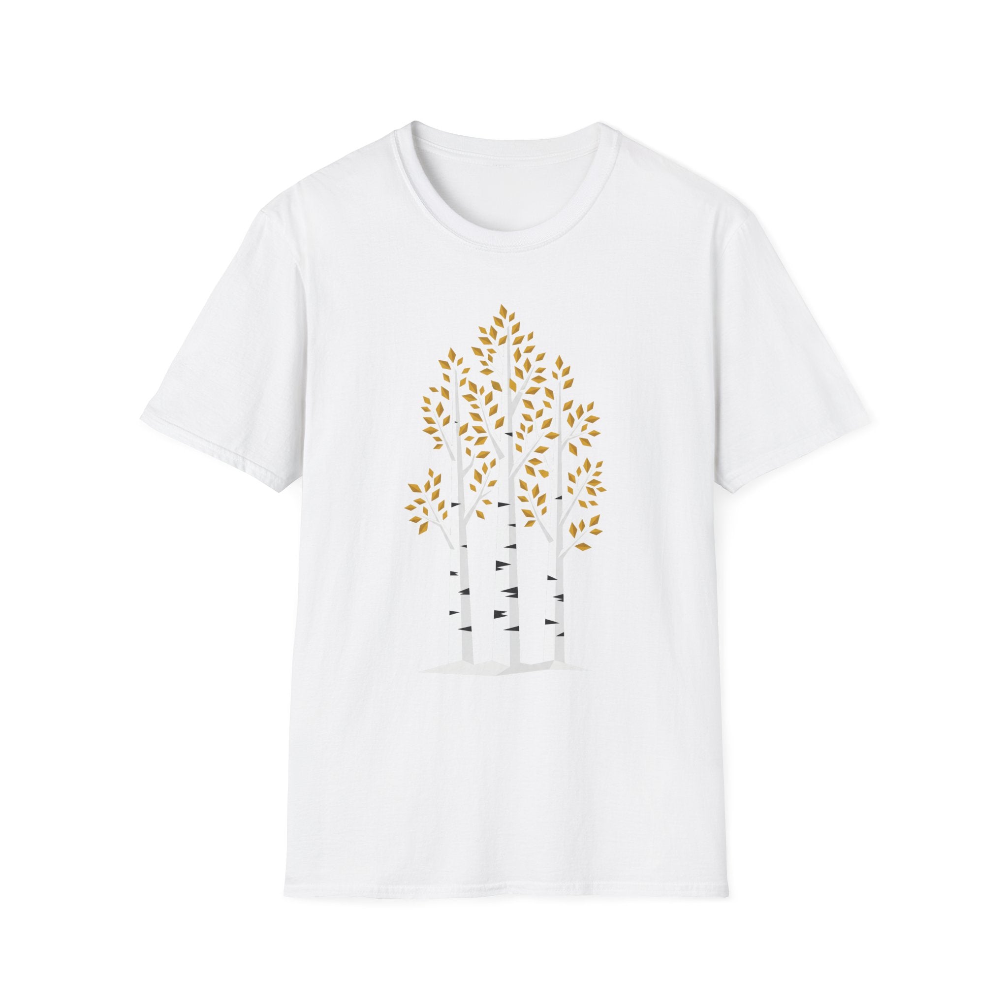 White T-shirt with minimalist birch tree graphic and autumn leaf canopy, crew neck