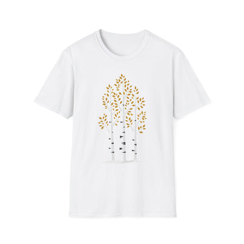 White T-shirt with minimalist birch tree graphic and autumn leaf canopy, crew neck