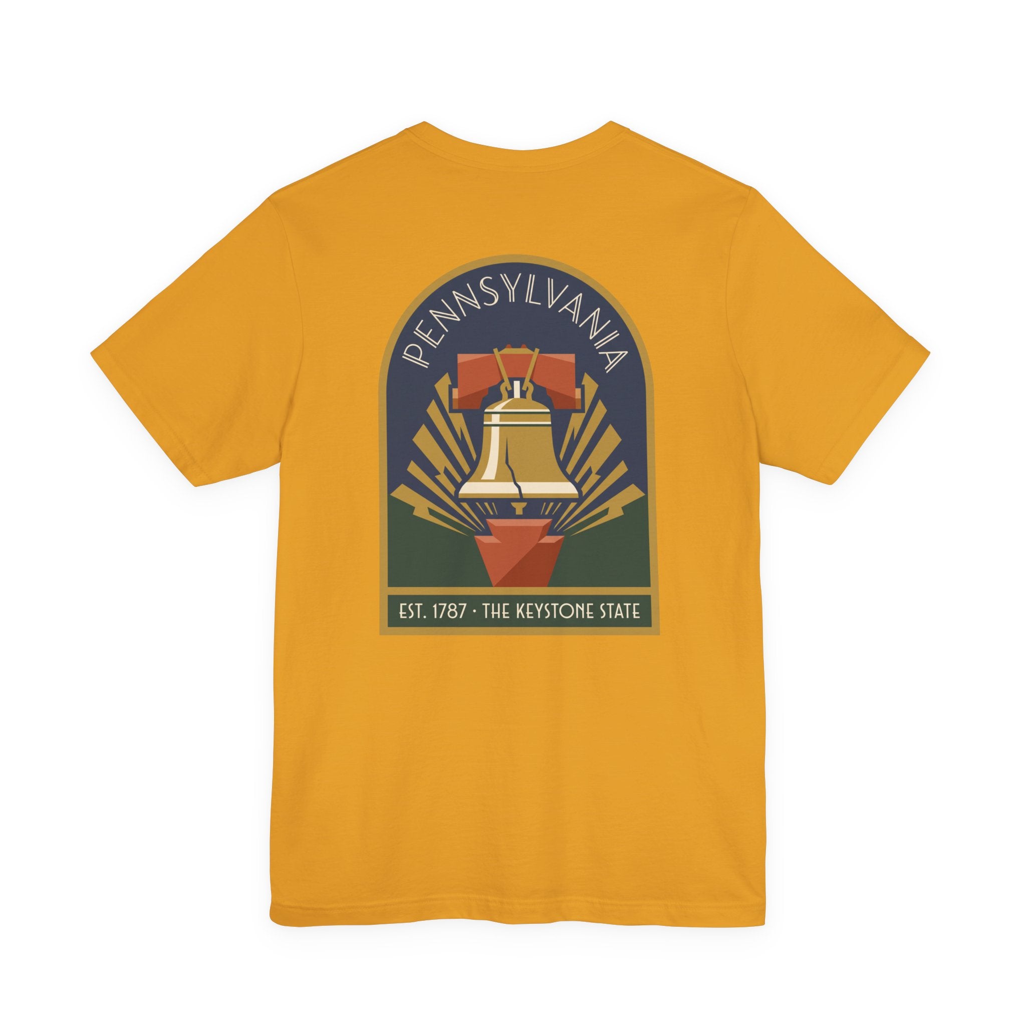 Mustard yellow T-shirt with large Keystone State Liberty Bell graphic on back