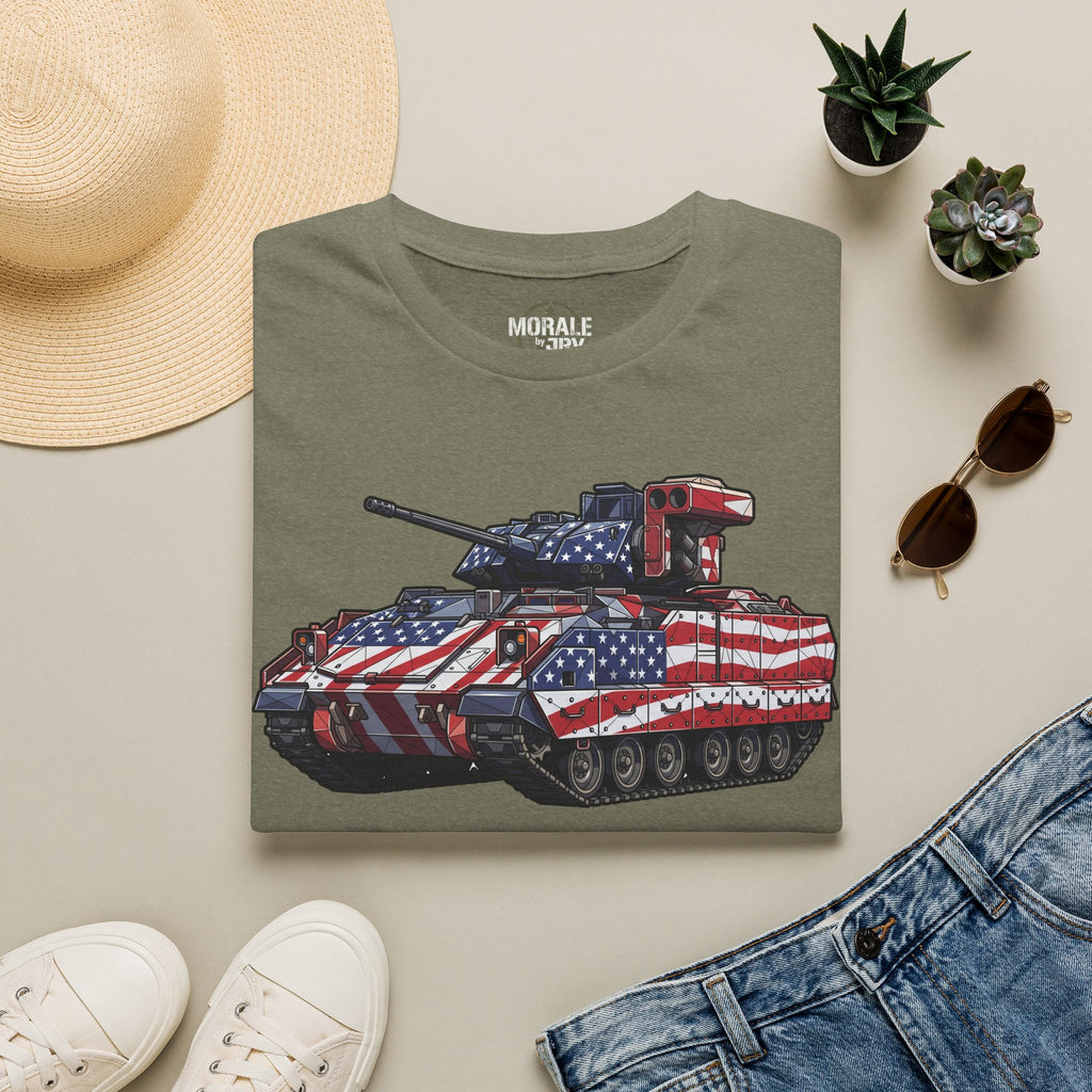 Heather military green tank graphic t-shirt with patriotic red, white, and blue front print