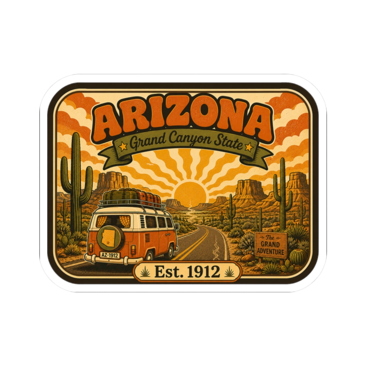 Rounded die-cut sticker with Arizona lettering, desert canyon artwork, vintage camper, Est. 1912