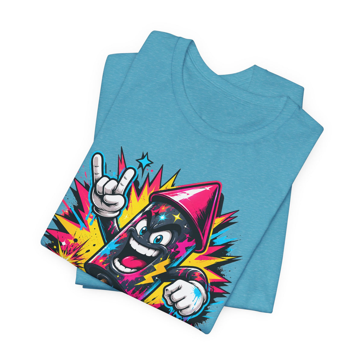 Aqua blue graphic T-shirt with cartoon character pointing, colorful comic burst