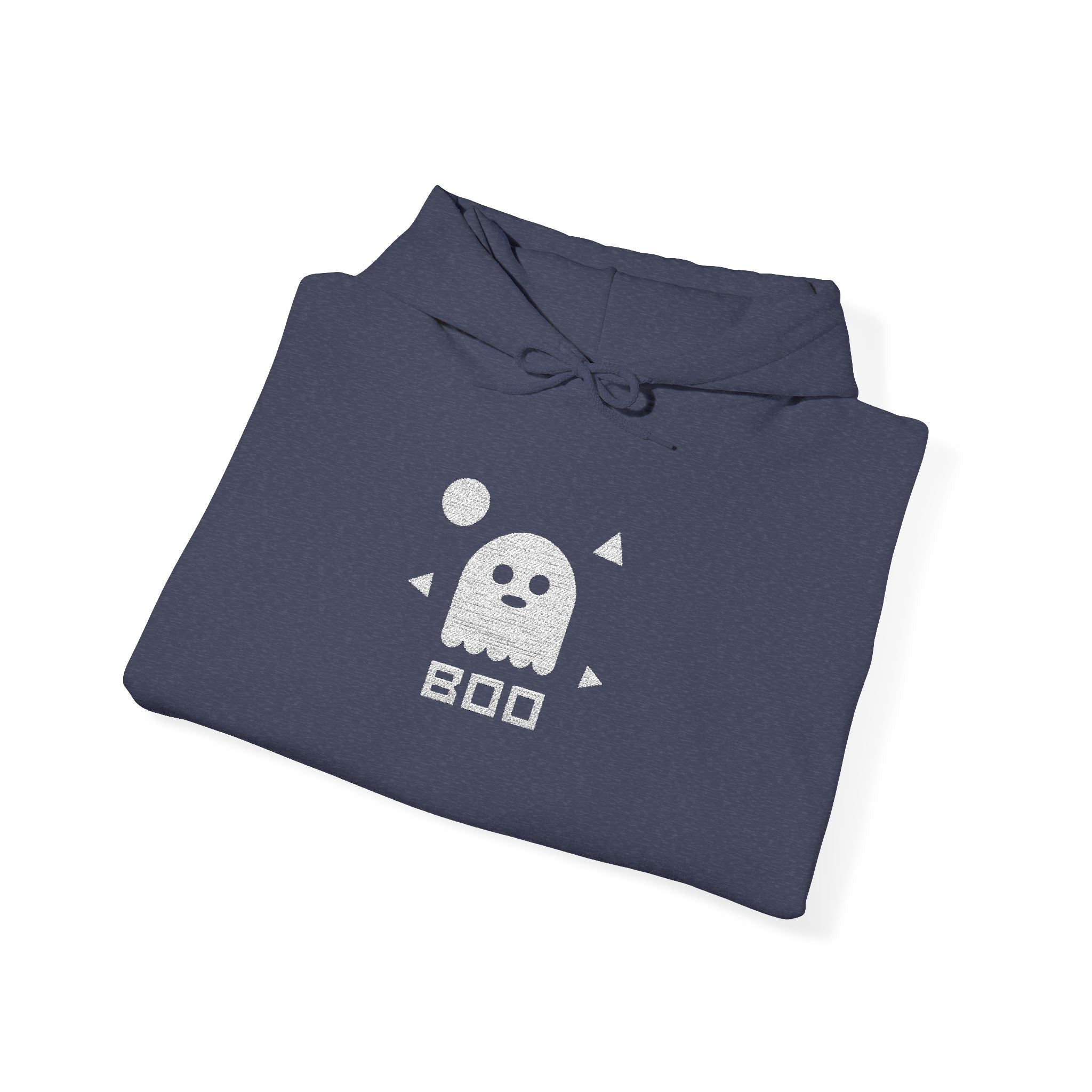 Navy hoodie with ghost graphic on chest, kangaroo pocket, drawstring hood