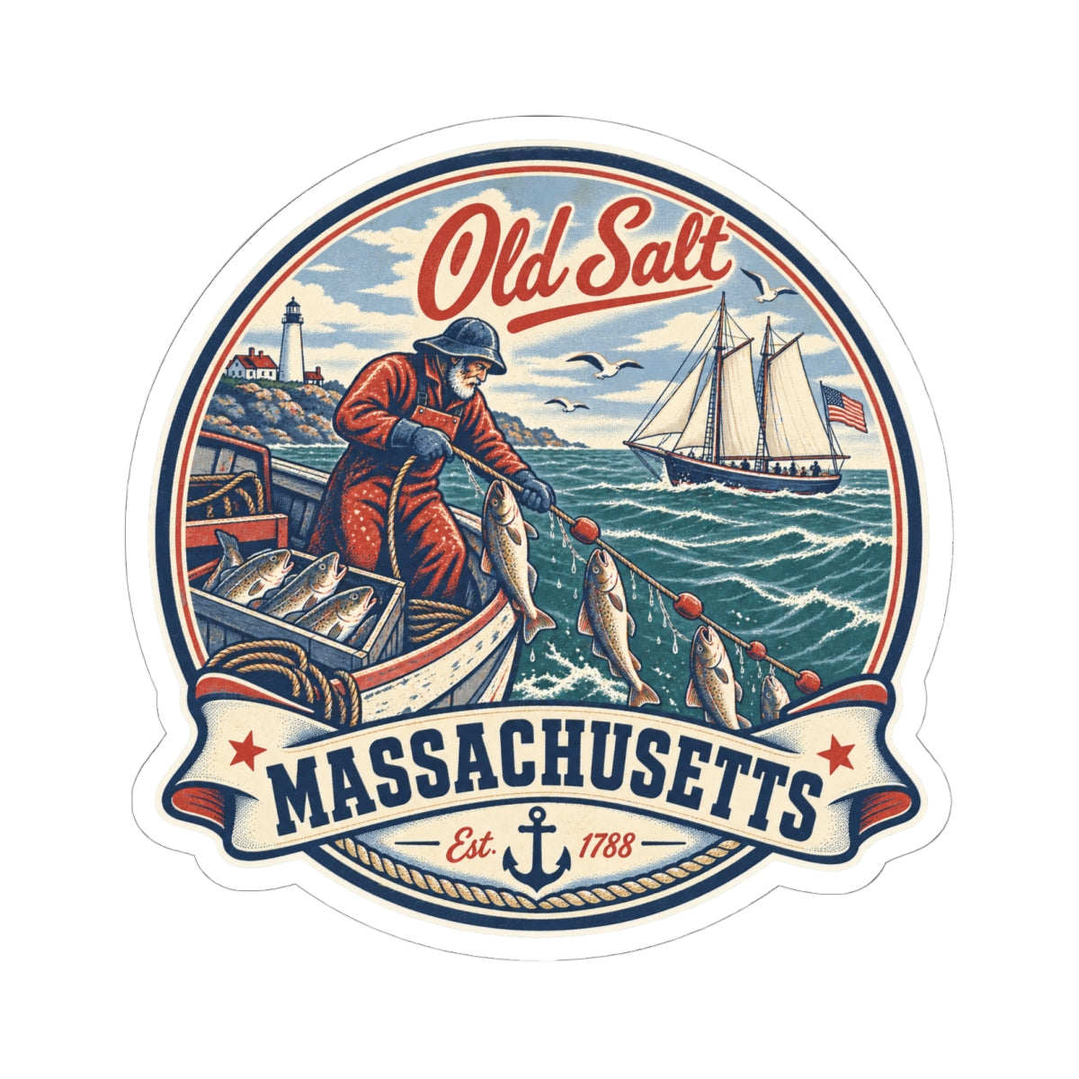 Old Salt Massachusetts sticker featuring red banner, anchor icon, and blue ocean scene