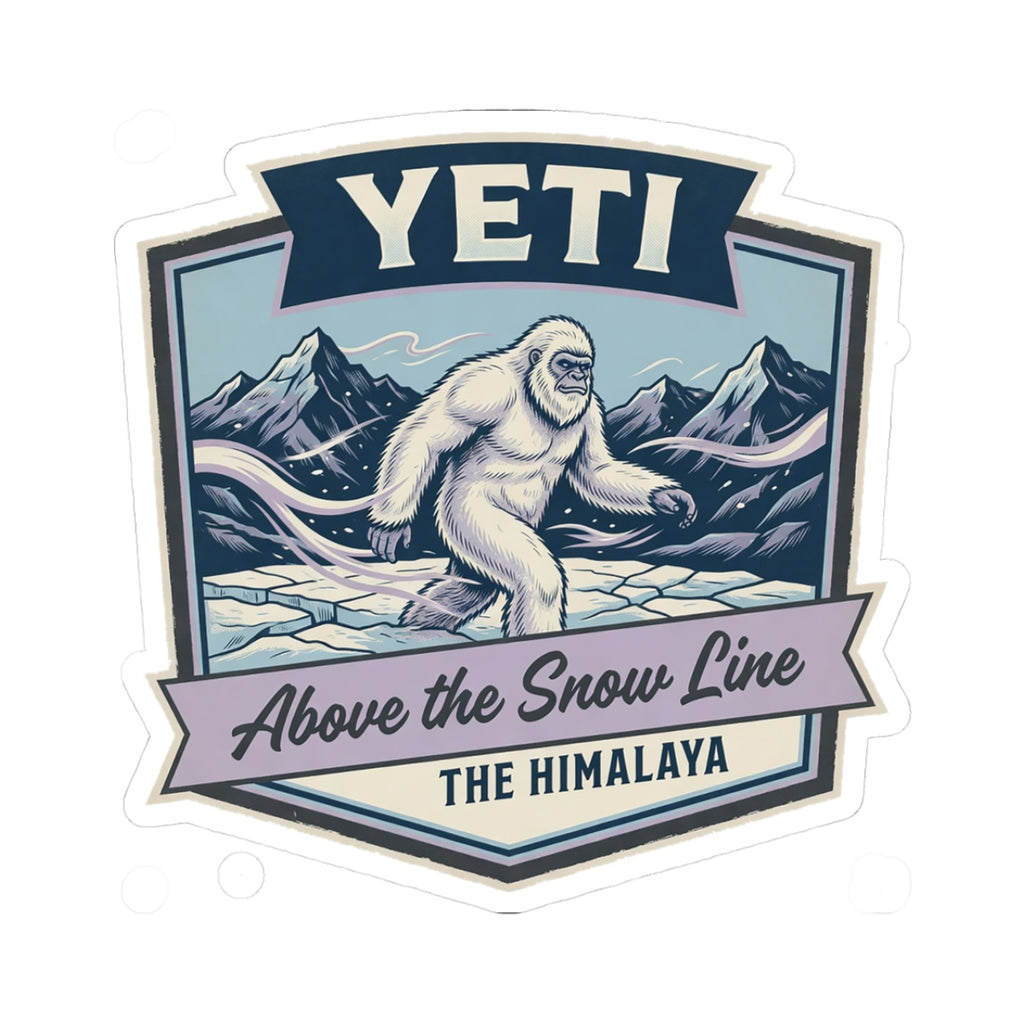 YETI die-cut sticker with Himalayan sasquatch above the snow line, blue and white