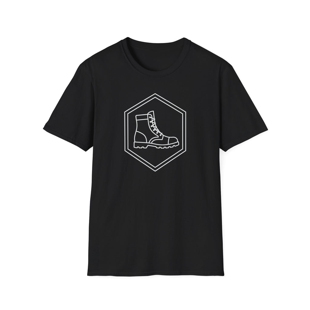 Black T-shirt with a diamond emblem and boot illustration on the front.