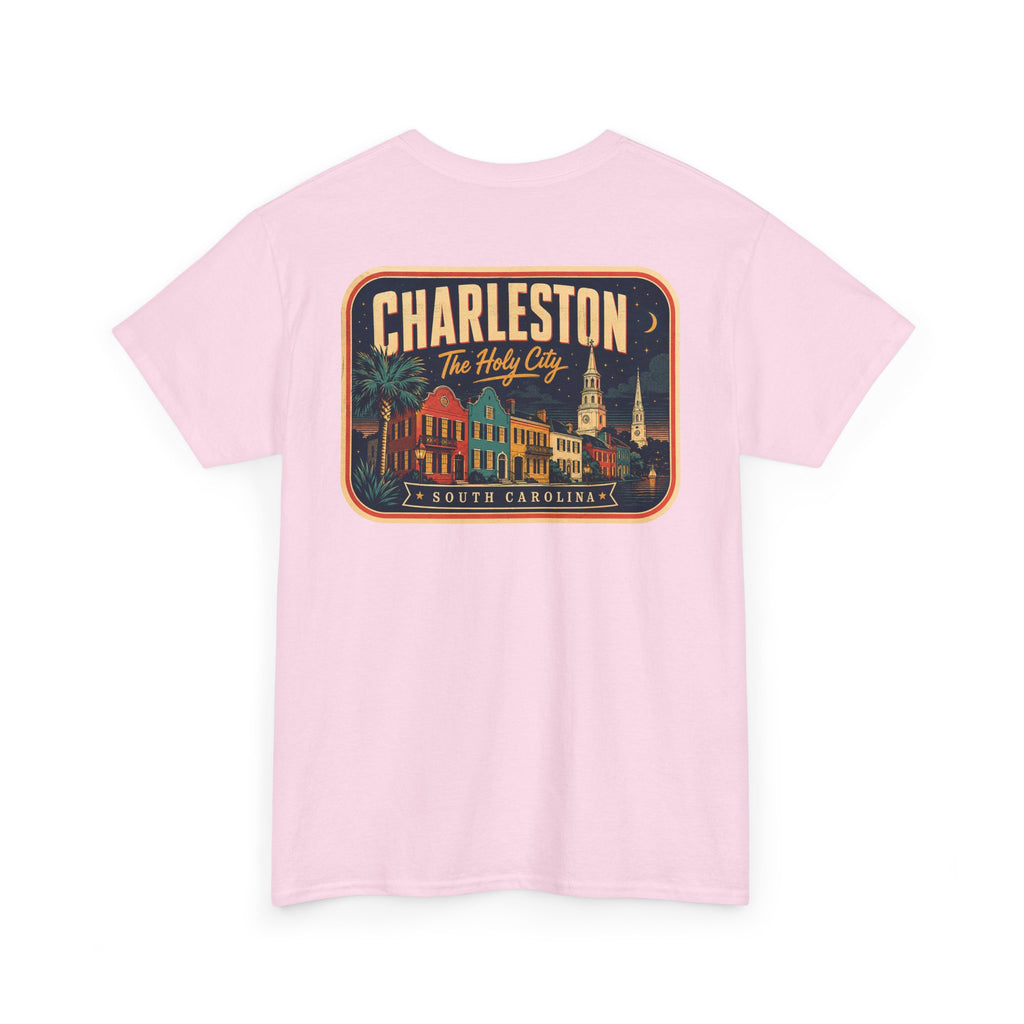 Light pink T-shirt with round Charleston city badge graphic on chest
