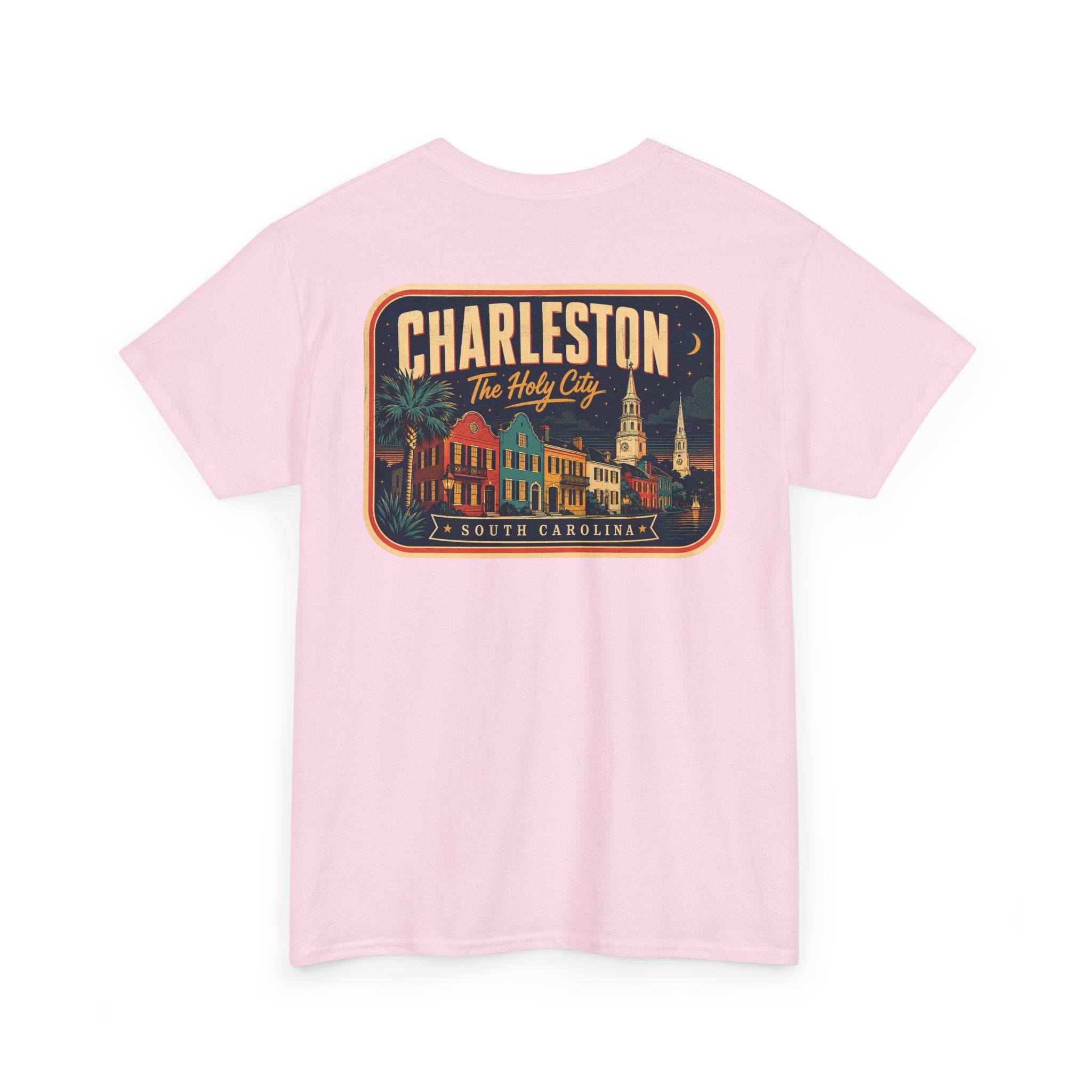 Light pink T-shirt with round Charleston city badge graphic on chest