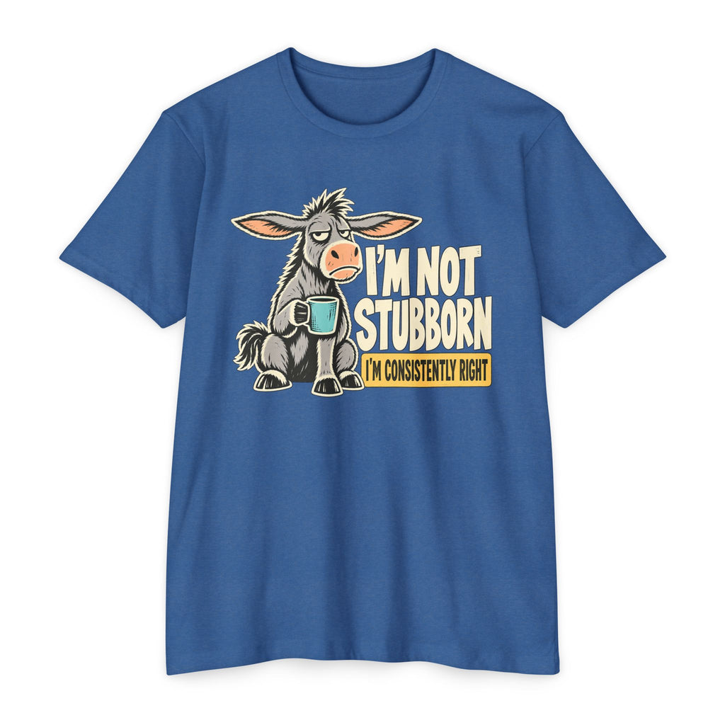 Blue crewneck graphic T-shirt with donkey holding a coffee mug; slogan “I’m not stubborn”