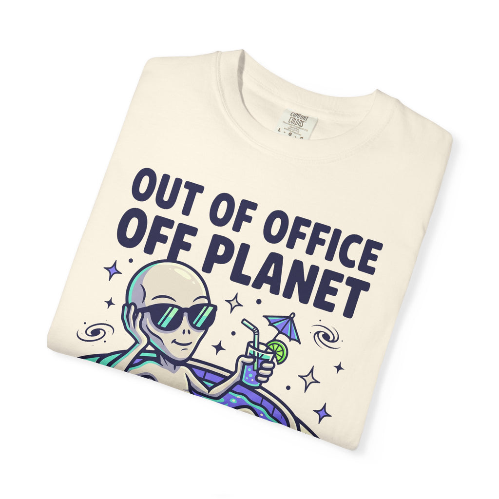 White crew-neck T-shirt with alien floatie graphic and 'Out of Office Off Planet'