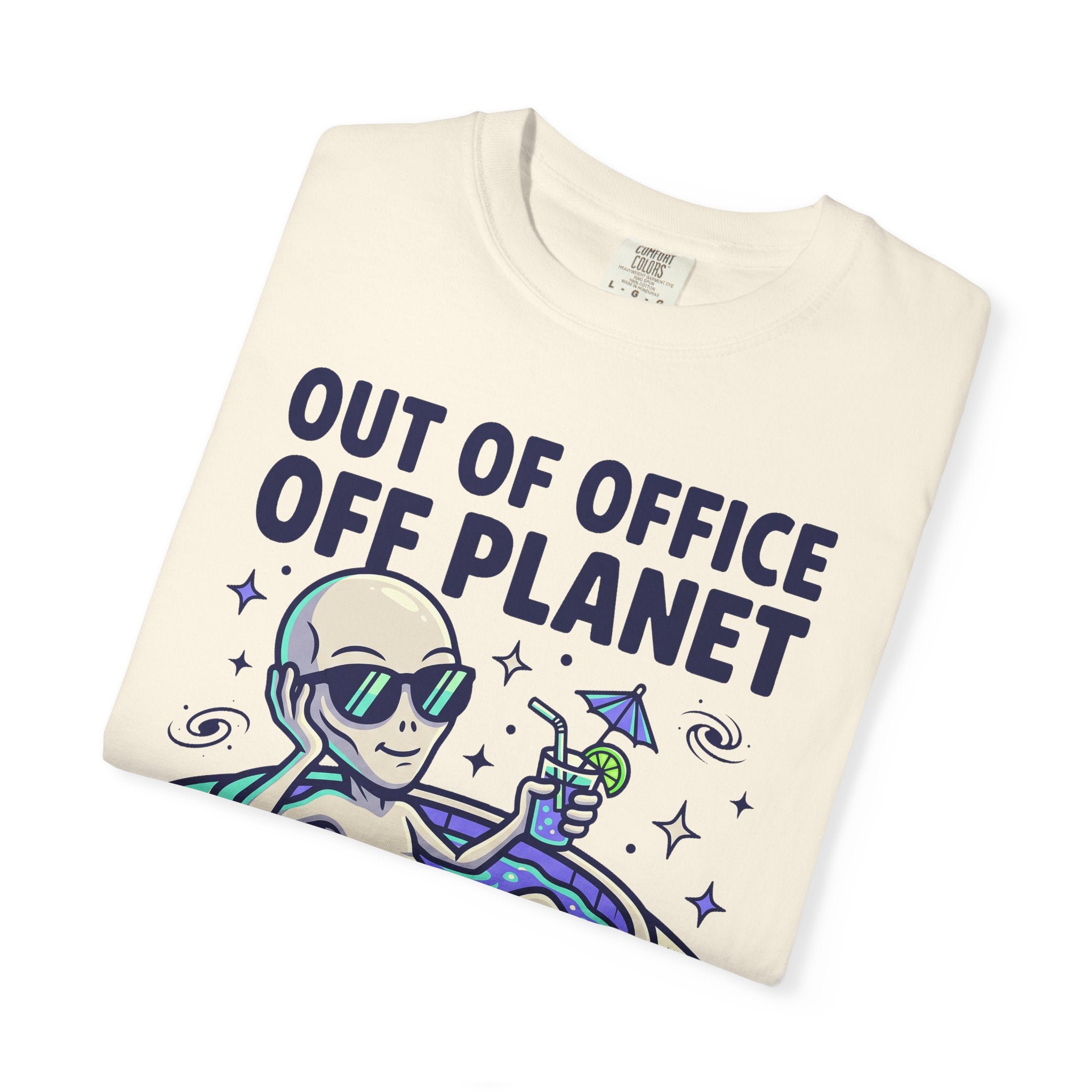 White crew-neck T-shirt with alien floatie graphic and 'Out of Office Off Planet'