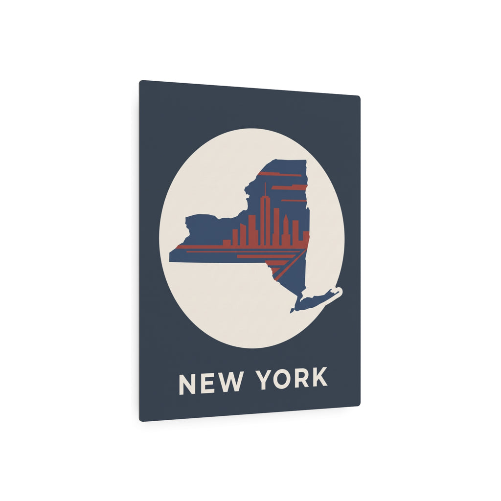 Dark blue square metal wall sign with circular New York skyline map and NEW YORK text