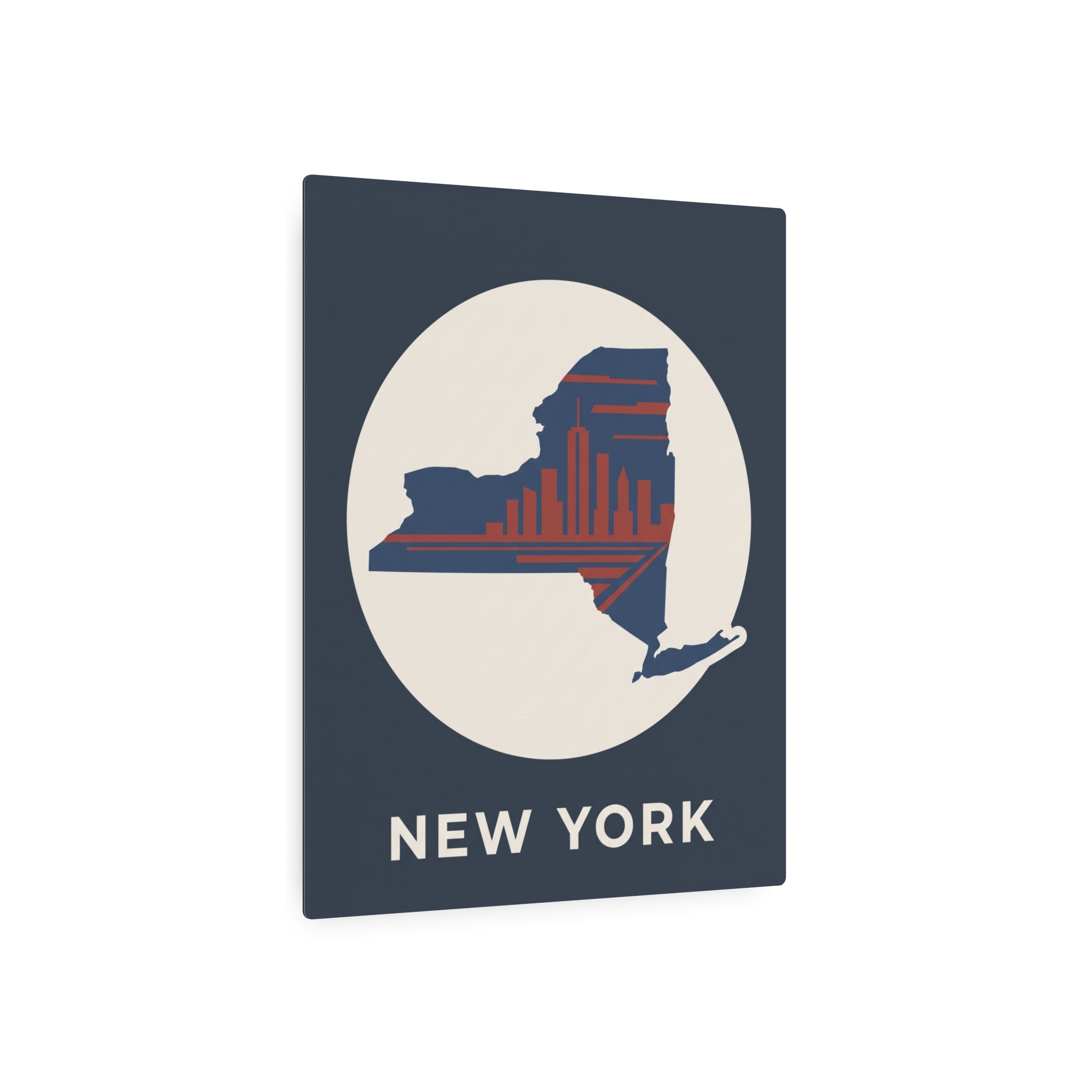 Dark blue square metal wall sign with circular New York skyline map and NEW YORK text