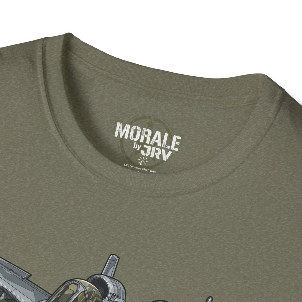 Military green T-shirt close-up of neckline print text and upper graphic
