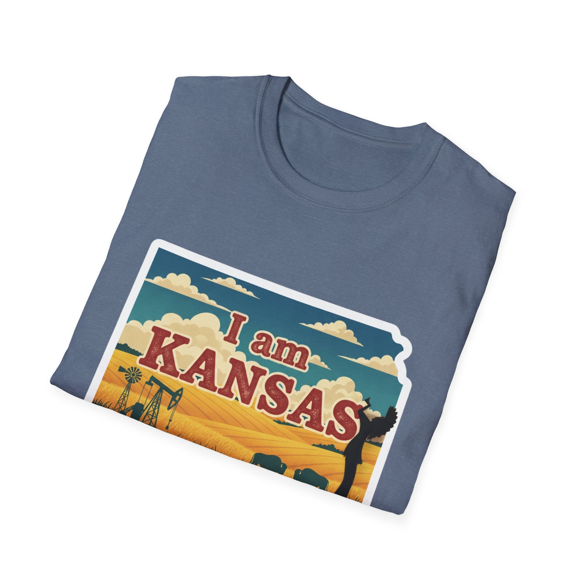 Heather blue T-shirt with “I am KANSAS” scene graphic