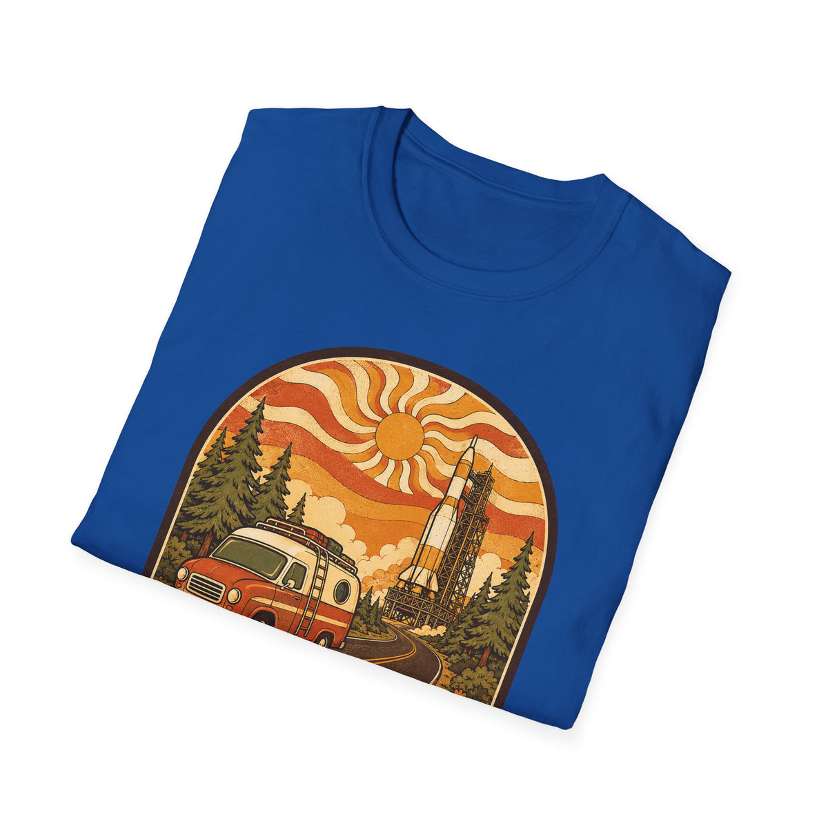 Unisex graphic T-shirt, royal blue with vintage camper and sunset rocket scene in circle