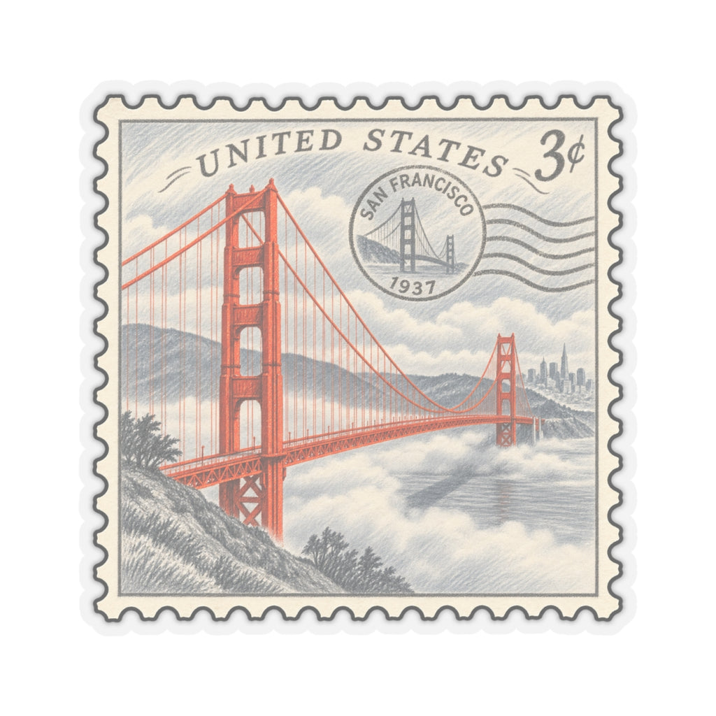 Golden Gate Bridge stamp sticker, bridge view with 'San Francisco 1937' seal
