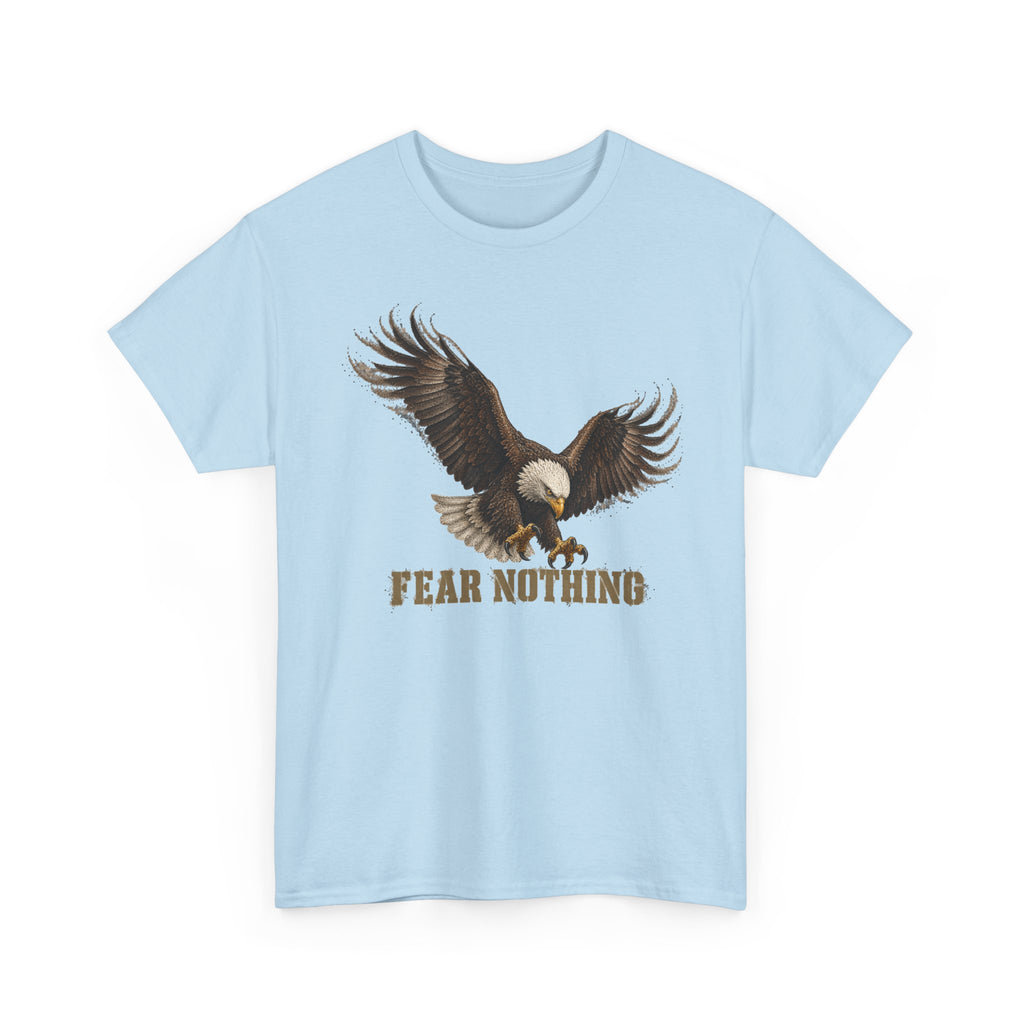 Light blue crewneck T-shirt with eagle graphic and “FEAR NOTHING”