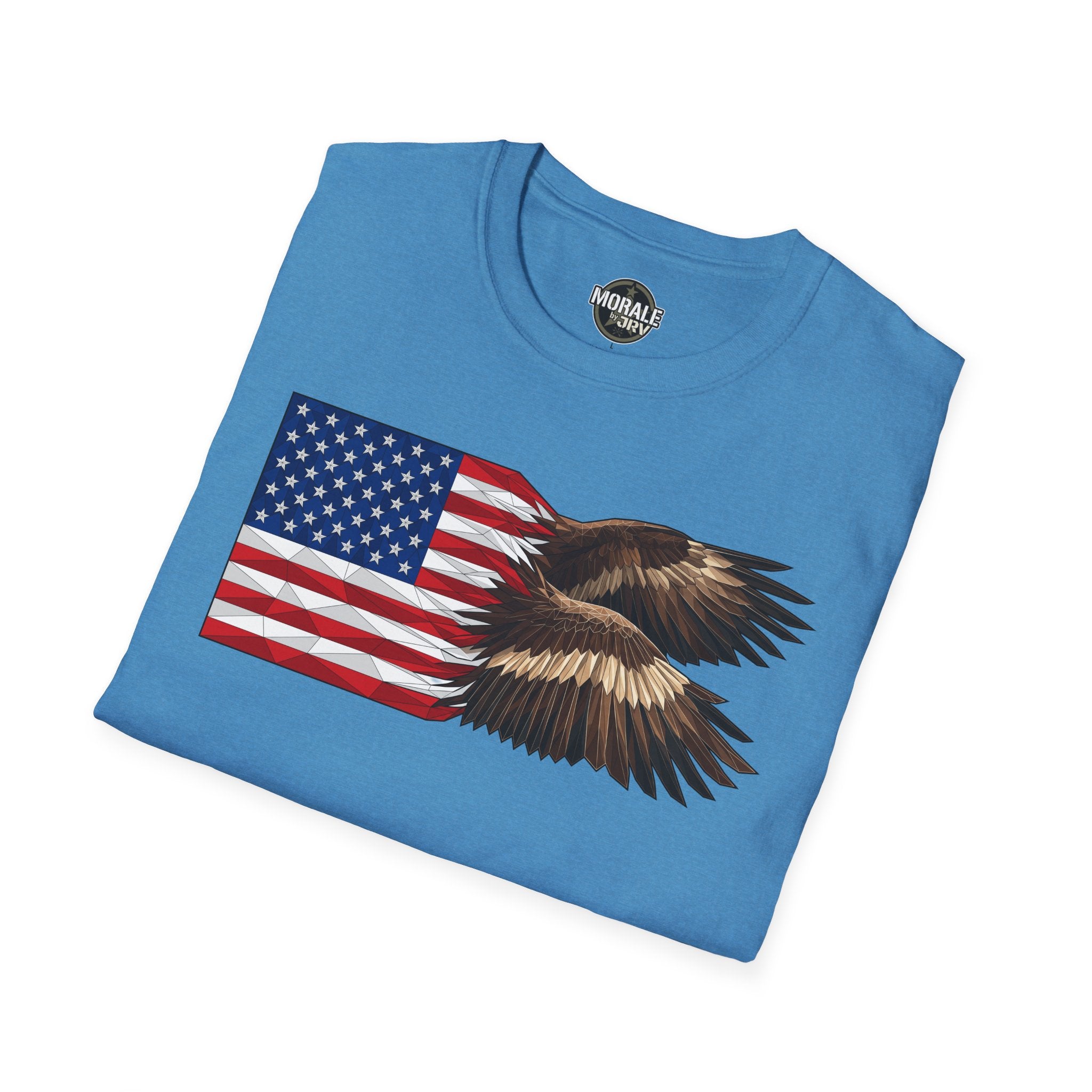 Heather blue T-shirt with American flag and bald eagle wings graphic