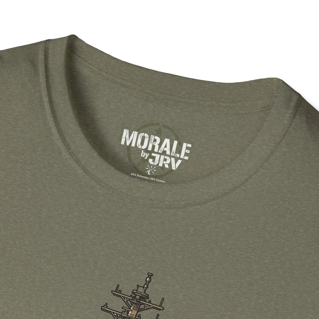 Olive green T-Shirt neckline with small round logo patch