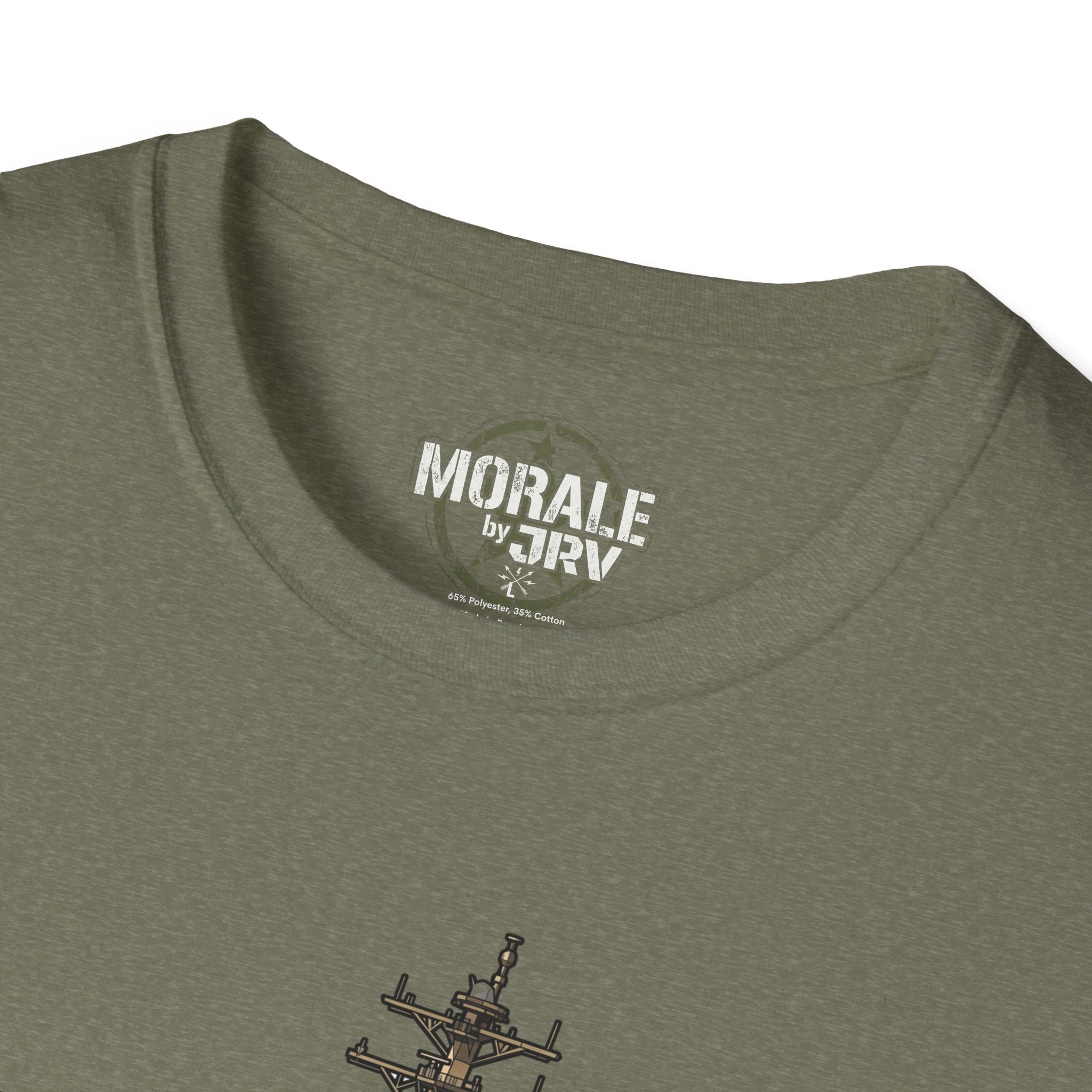 Olive green T-Shirt neckline with small round logo patch