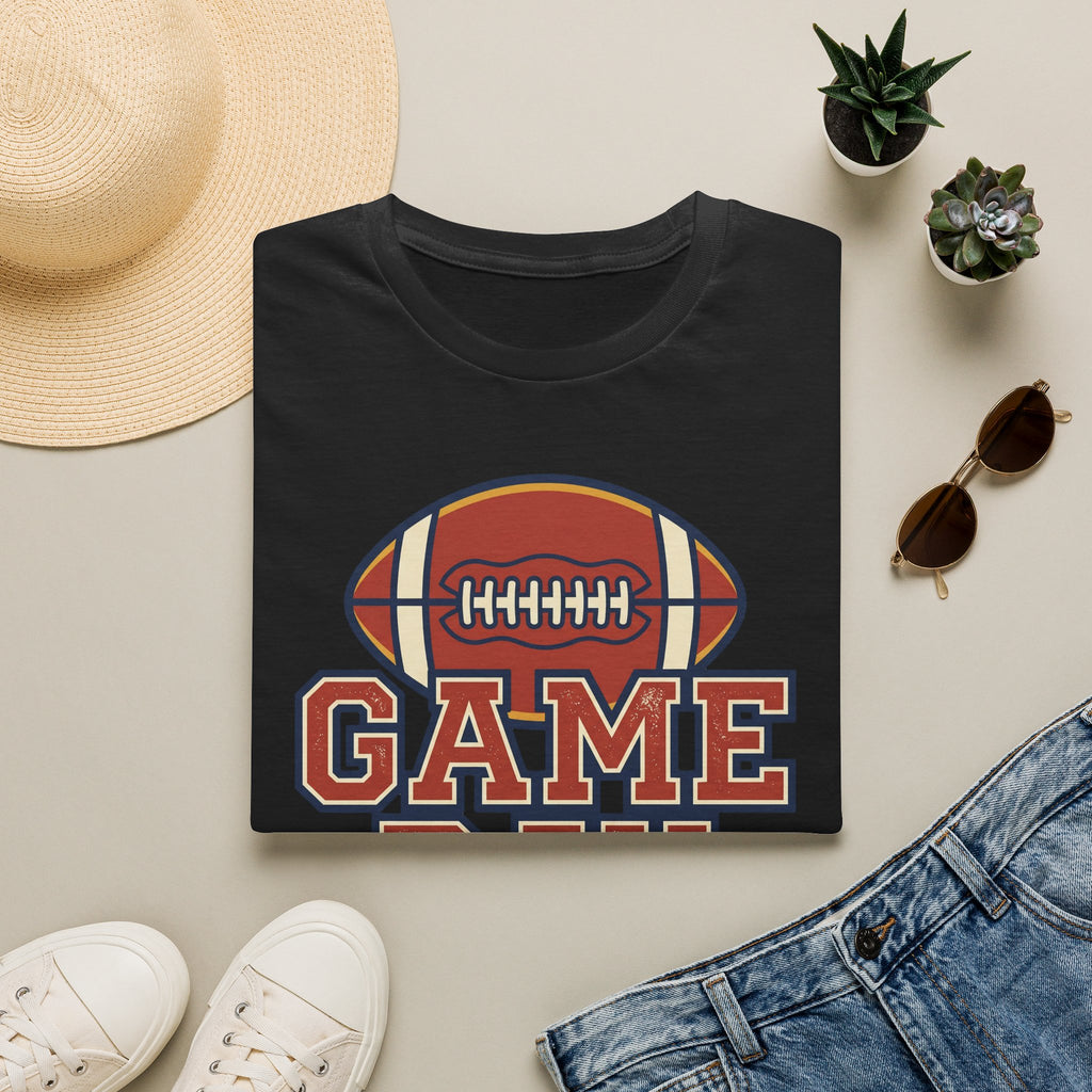 Black football t-shirt with “GAME” text and football emblem graphic on center front