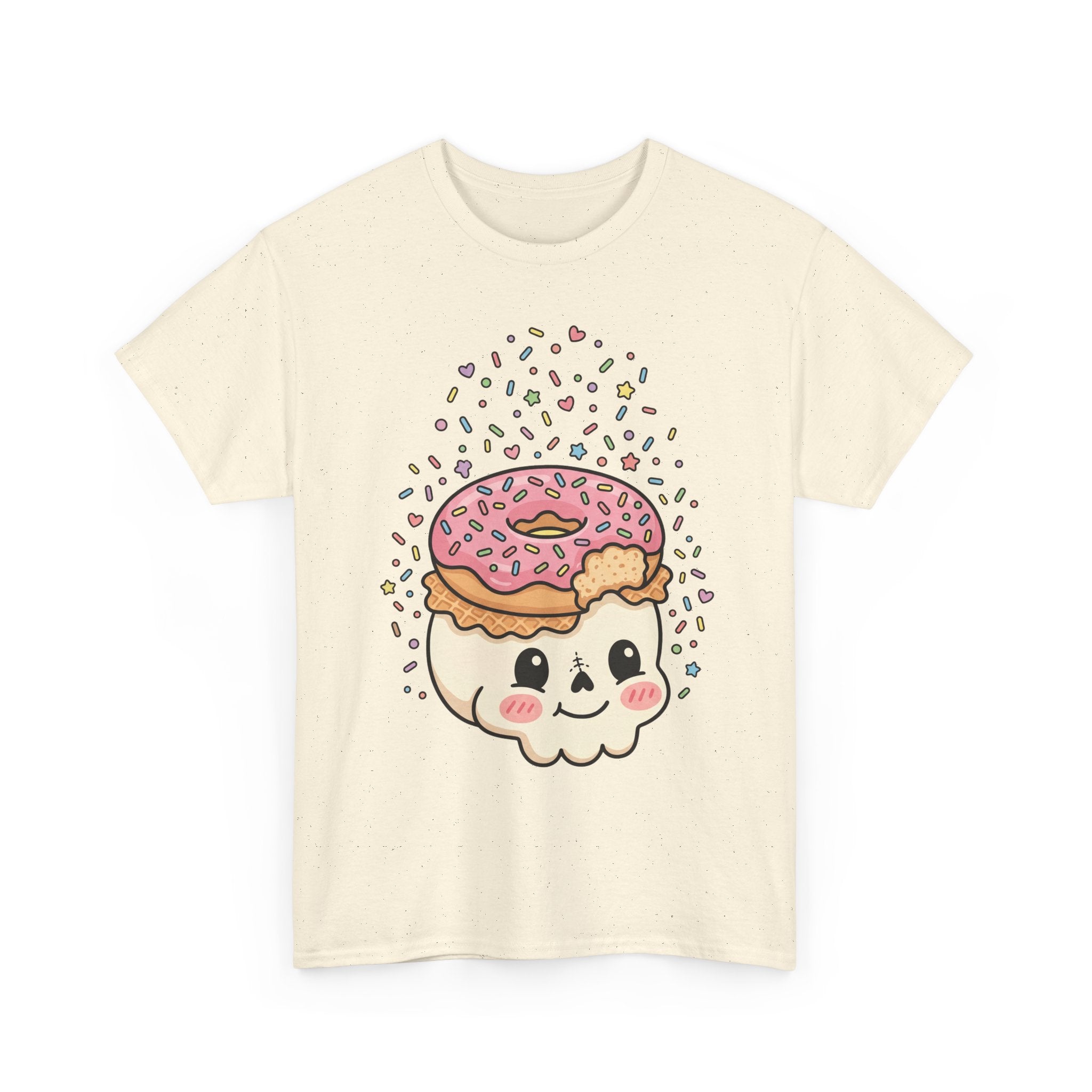 Cute Donut Skull T-Shirt, natural front with donut-sugar skull graphic