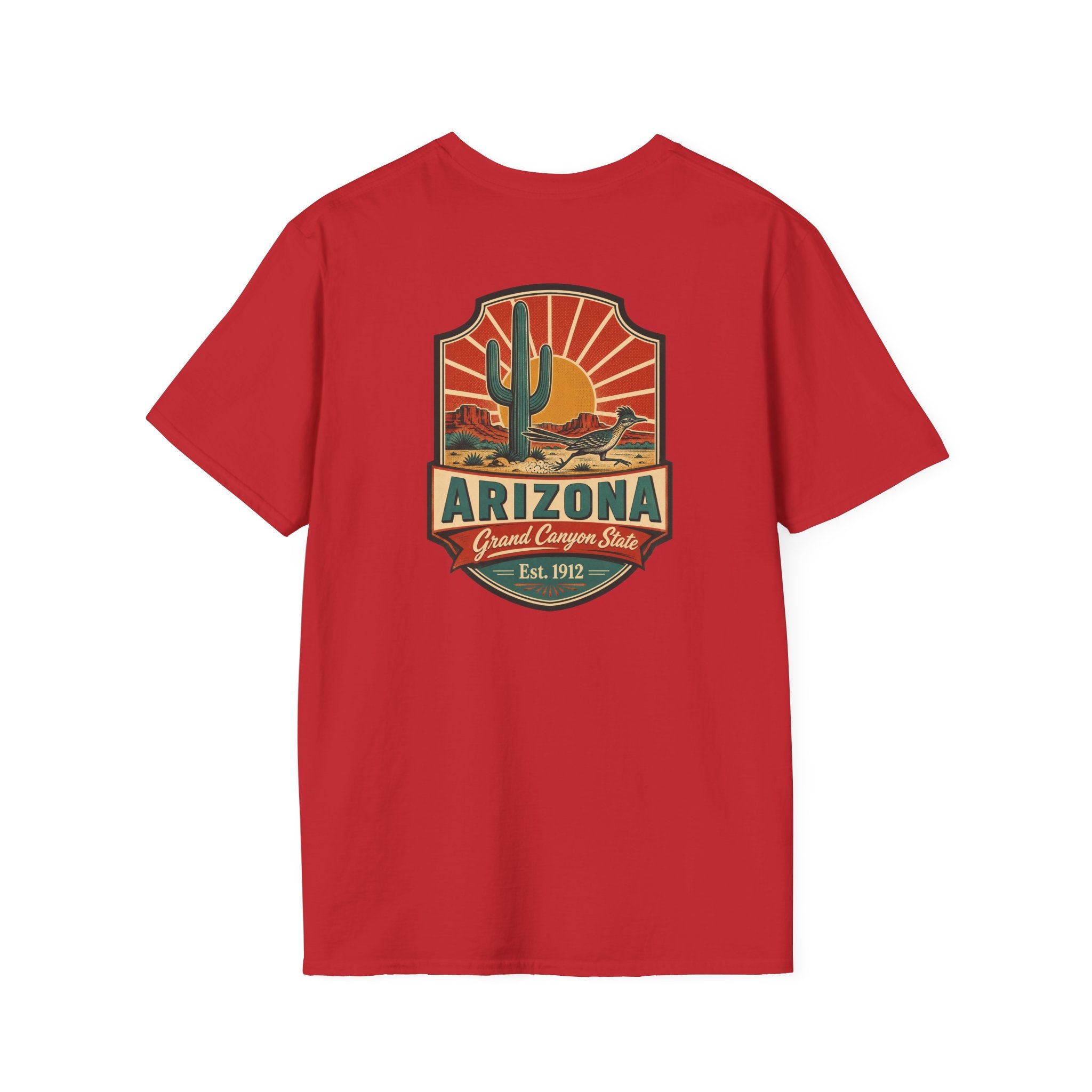 Red t-shirt with Arizona desert badge logo and cactus graphic