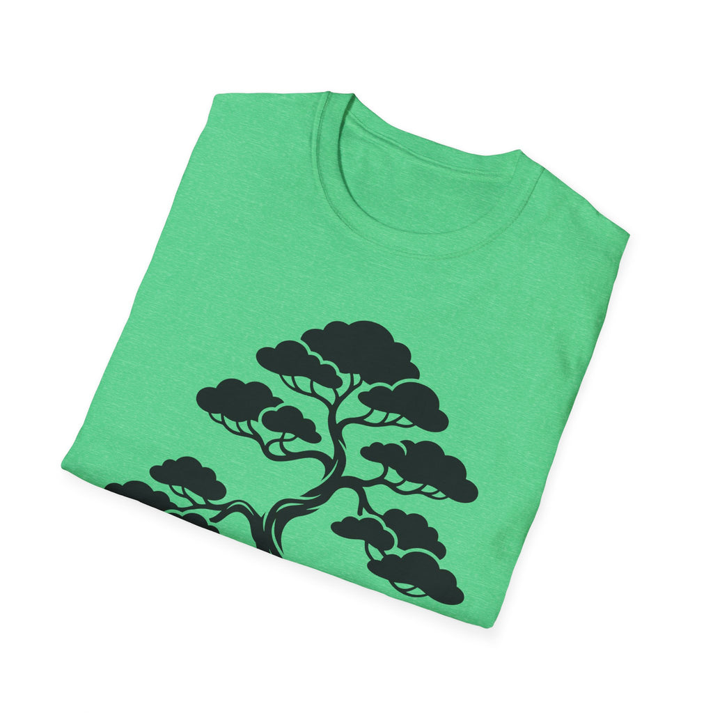 Bright green T-shirt with black bonsai tree silhouette graphic on front