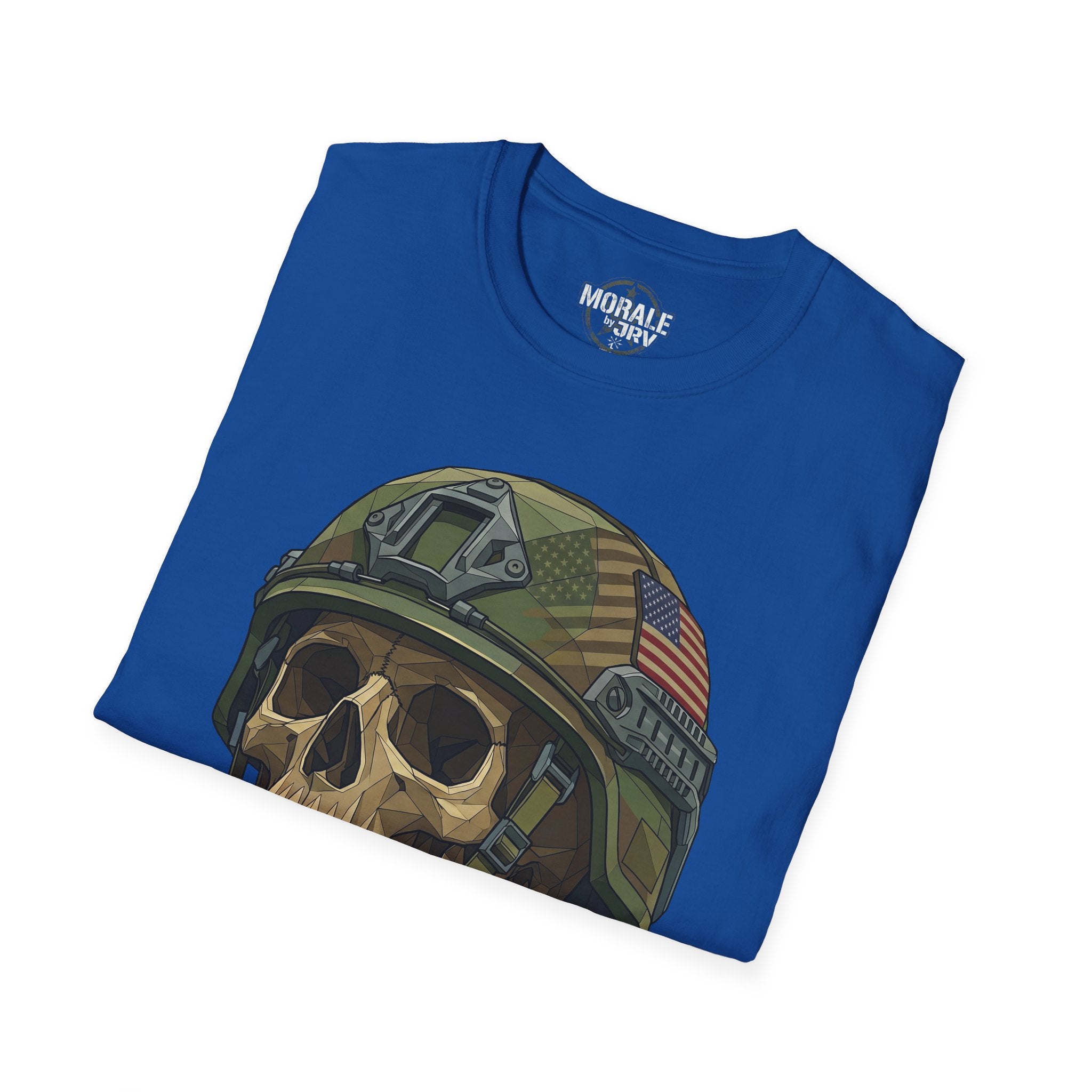 Skull in military helmet T-shirt, royal blue—front skull helmet graphic with US flag patch