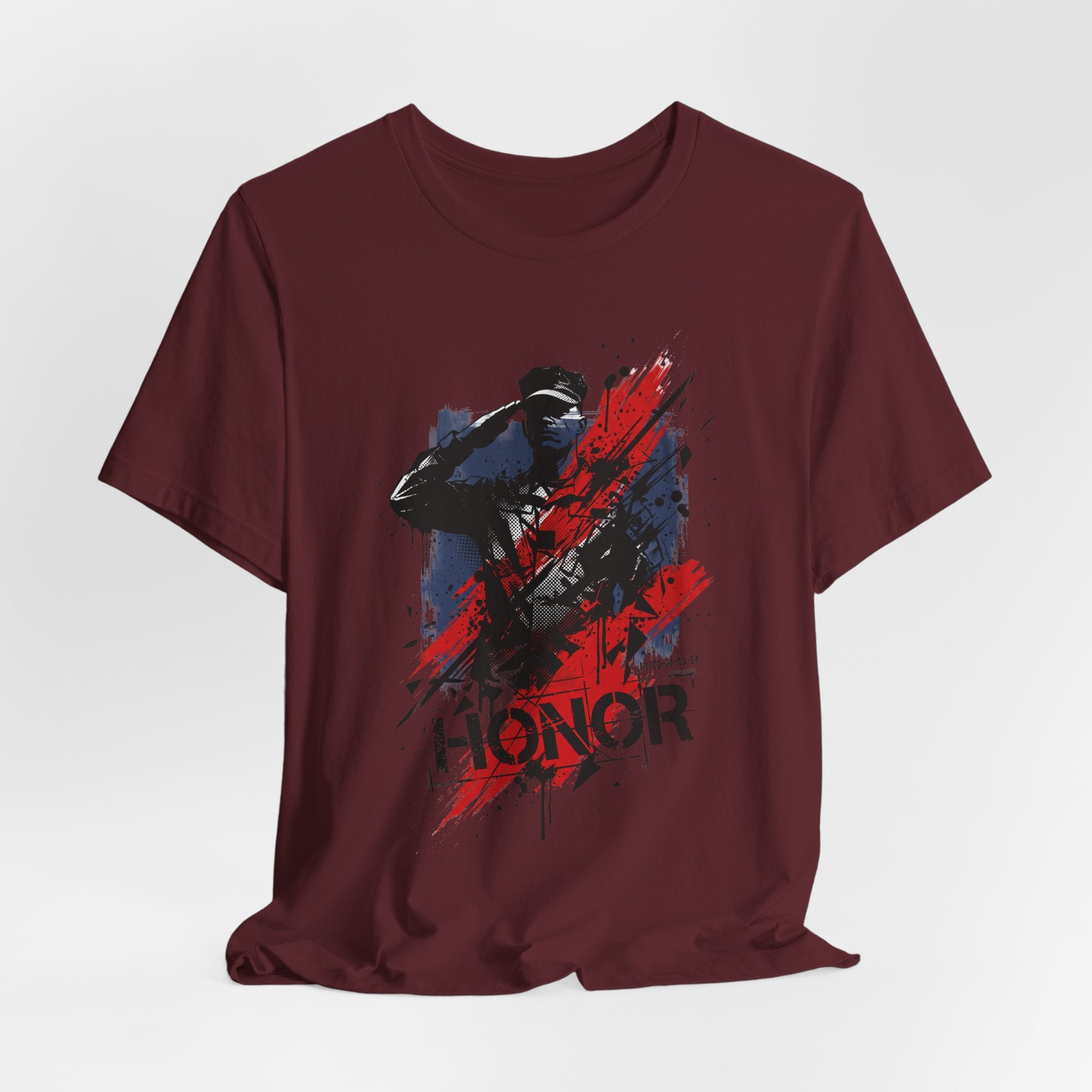 Maroon crewneck T-shirt with blue and red soldier silhouette graphic