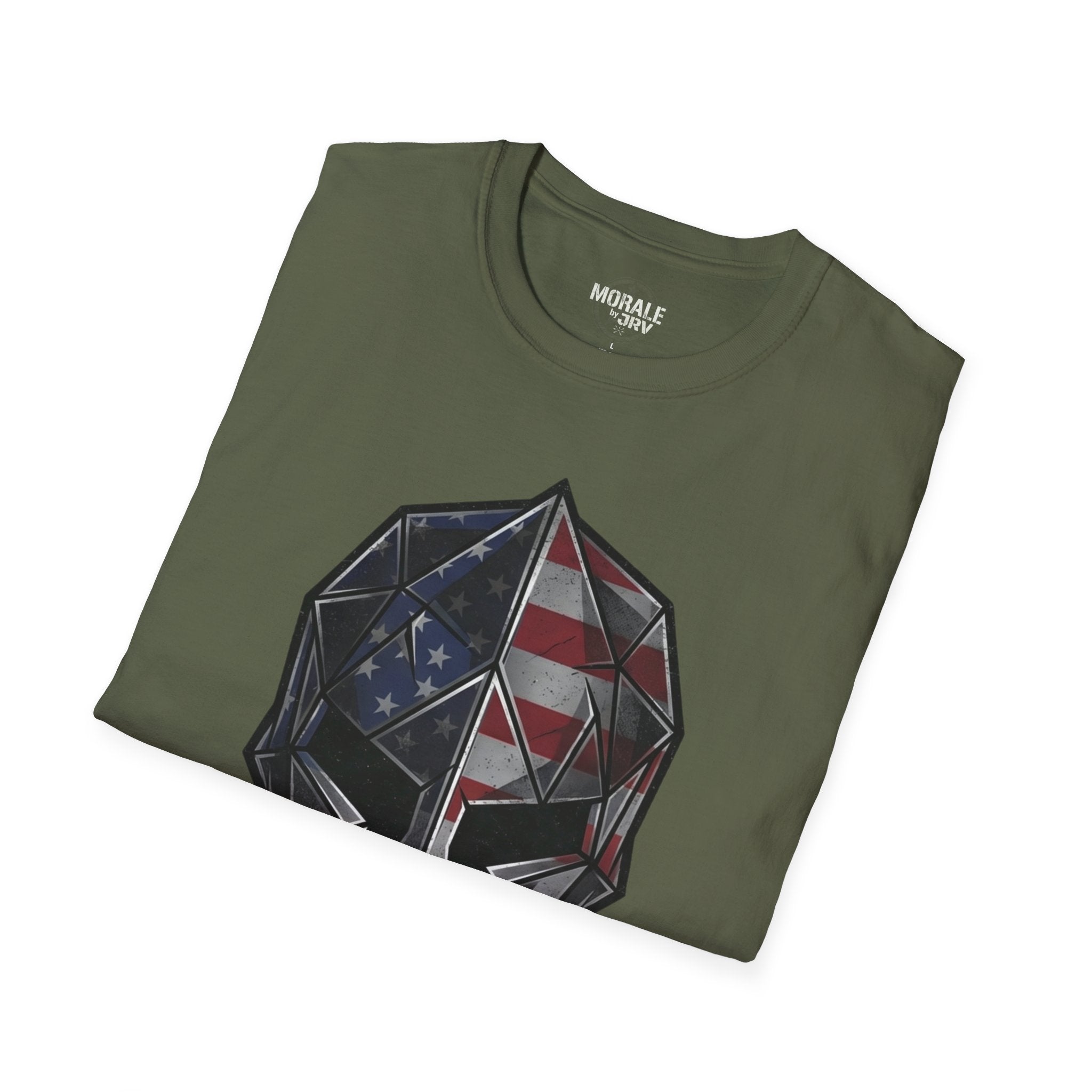 Military green t-shirt with American flag spartan helmet graphic